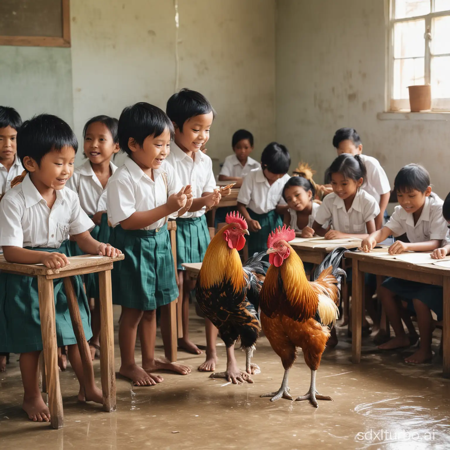 Children-Learning-About-Roosters-and-Pond-Life-in-Classroom