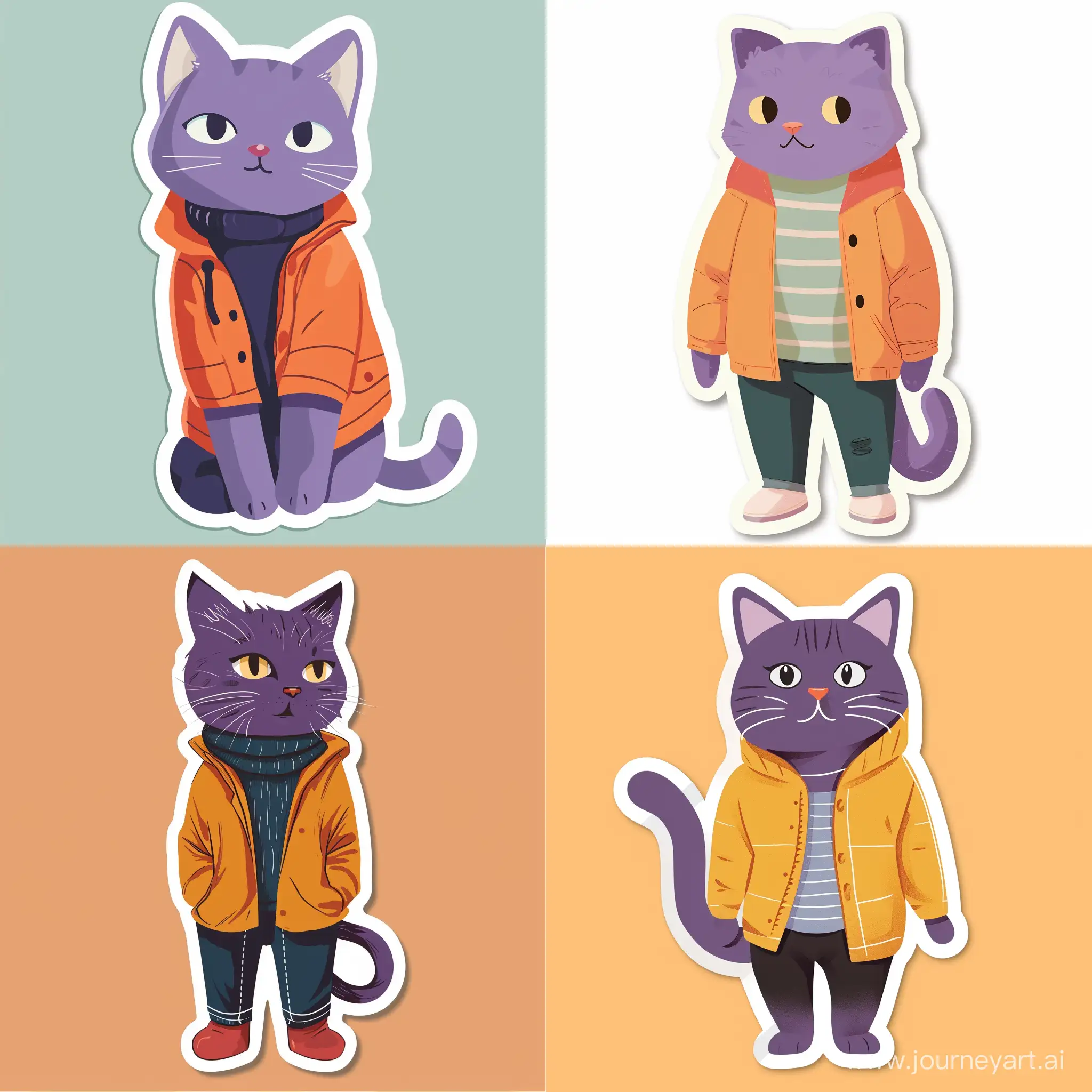 стикер кота, flat-иллюстрация, фиолетовый кот, простая одежда, обычная поза