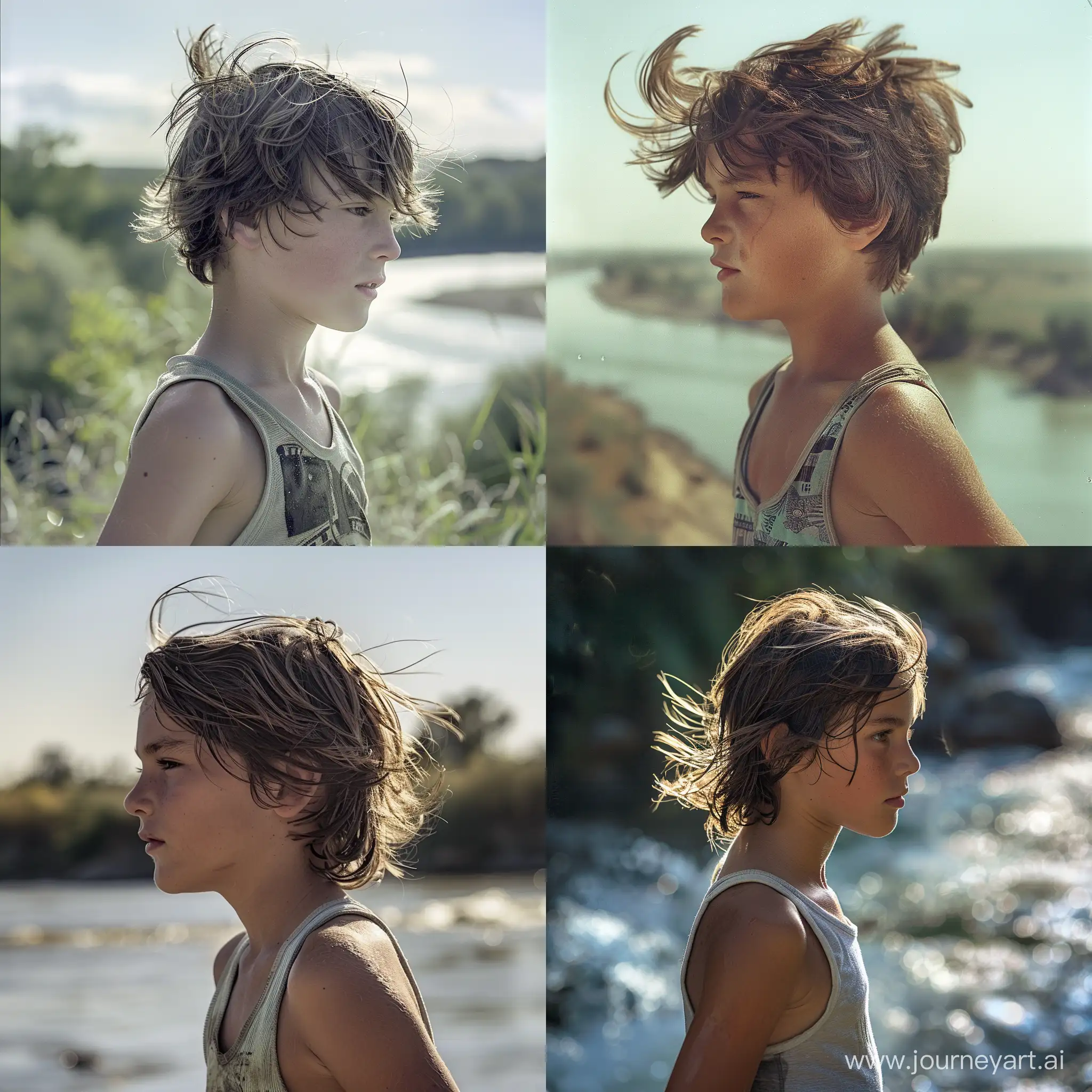цветное фото,мальчик 12 лет, профиль,поколено, в полоборот, в майке,смотрит в даль,на фоне реки, волосы развивает ветер,яркий день