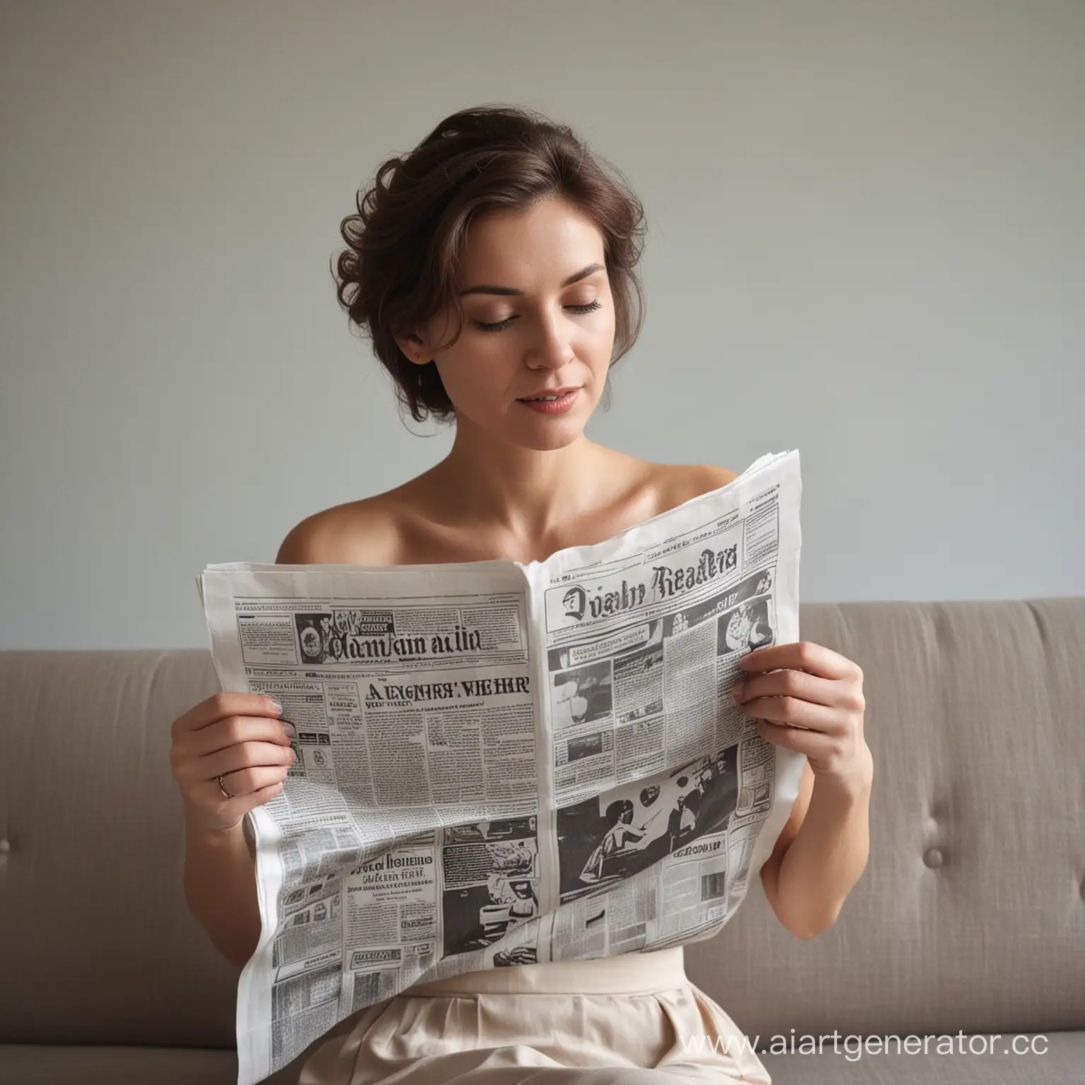 Woman-Reading-Newspaper-with-Engrossed-Expression
