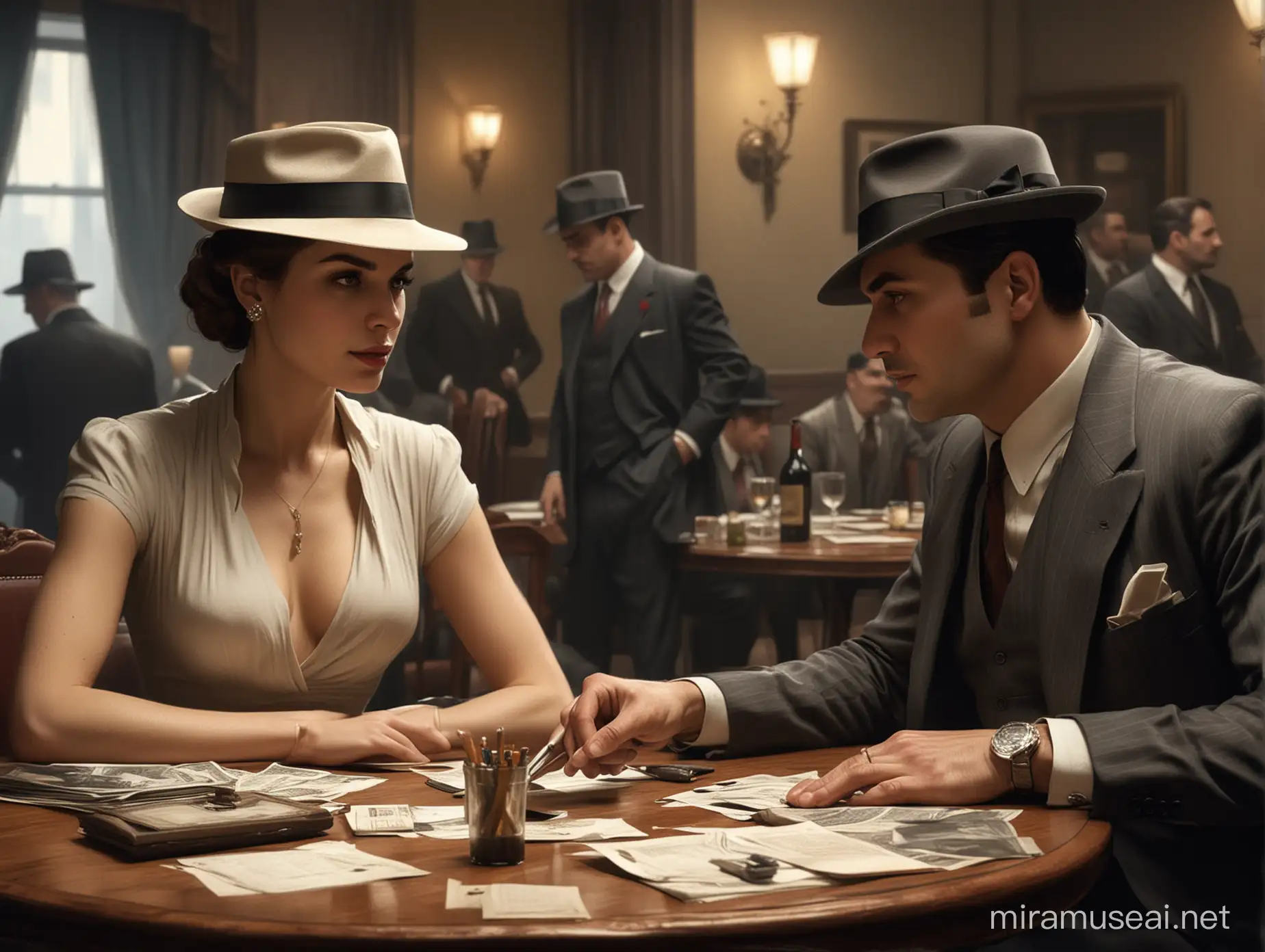 concept art  10 man and elegant woman play in real life at a table, split into citizens, cops, don boss and mafia. The art should be in al capone style.
