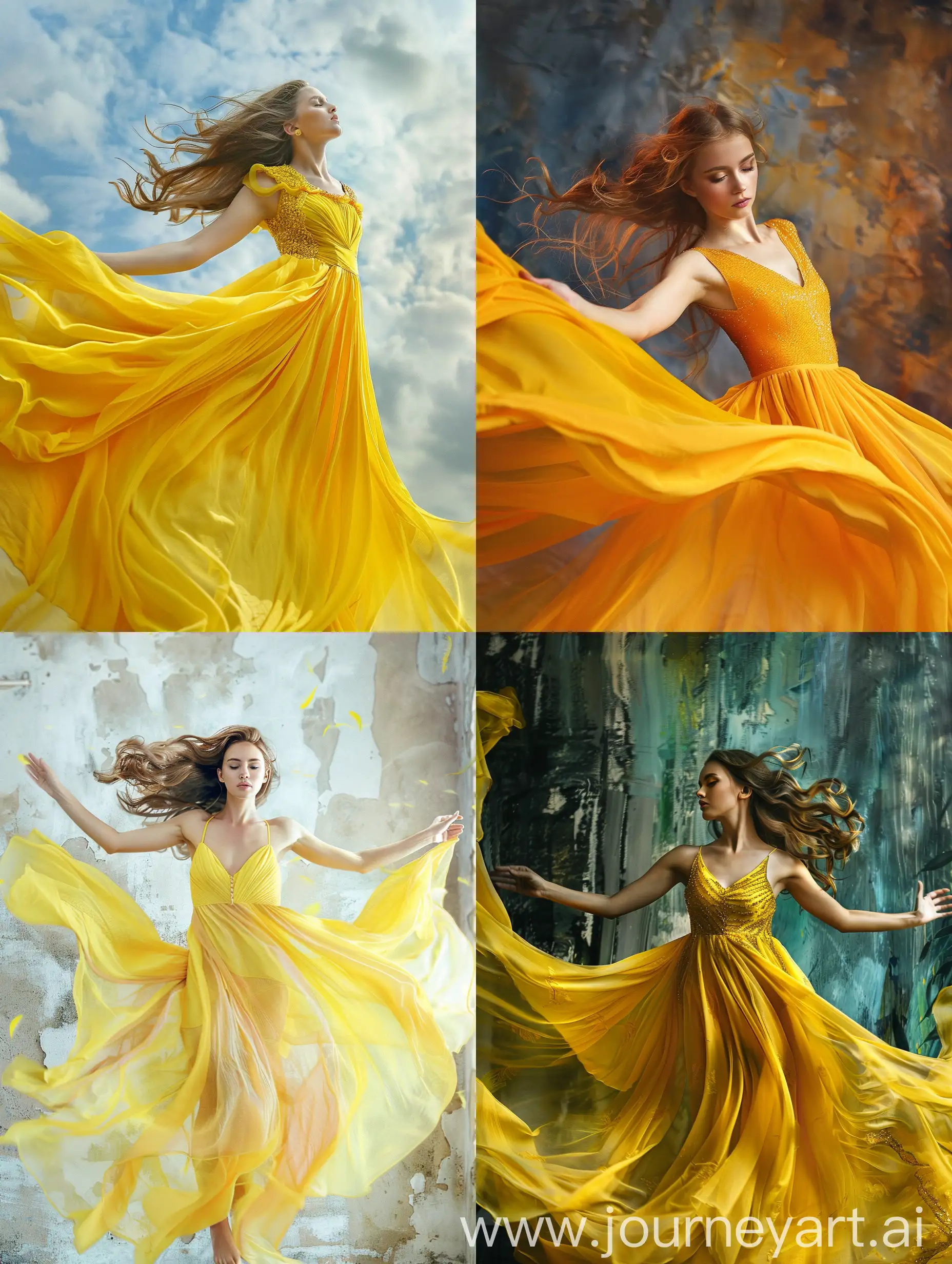 Woman Beauty Fashion Dress, Girl In Flying Yellow Fluttering Gown stock photo