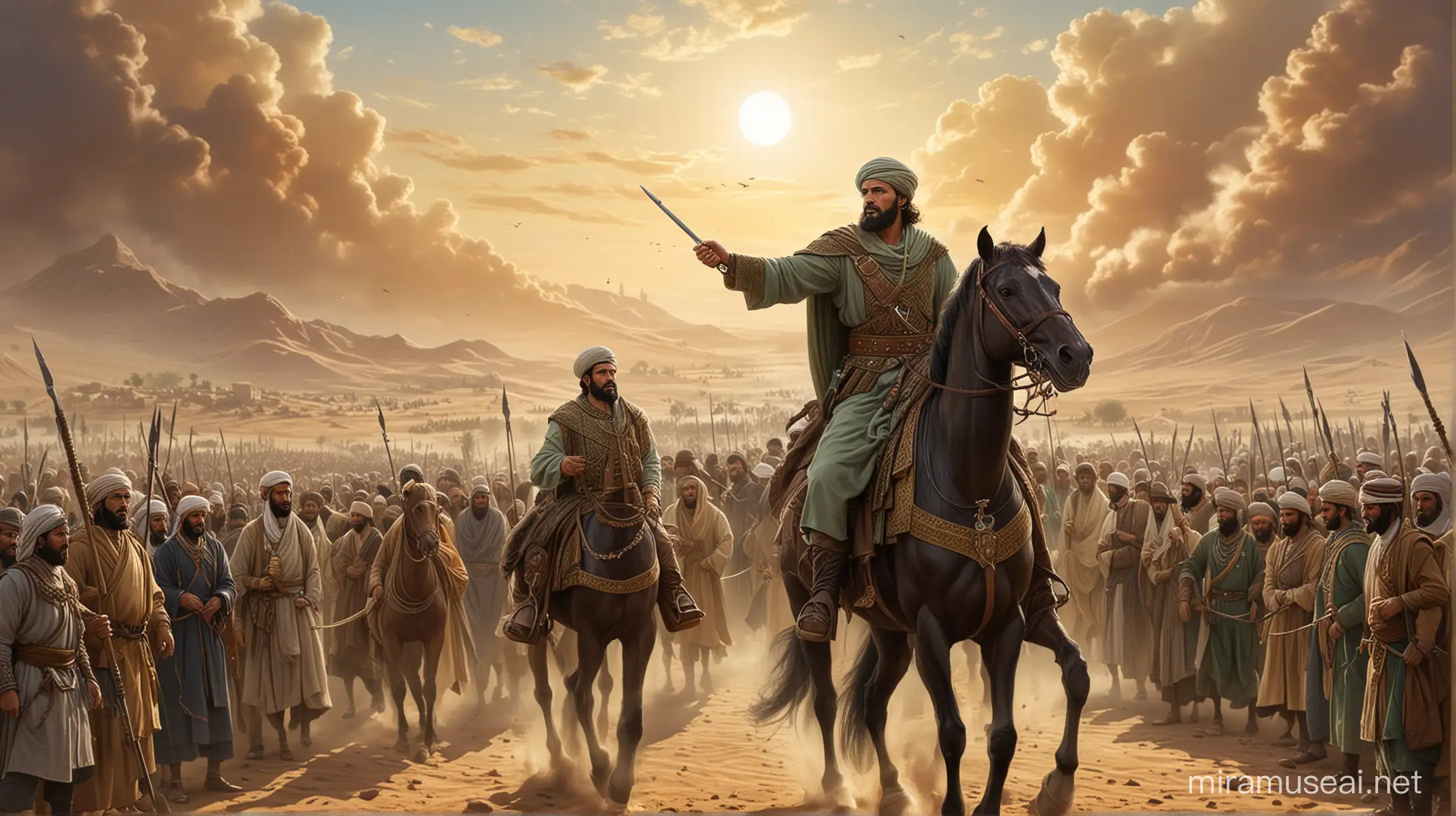 Create a detailed illustration of Khalid ibn al-Walid, a significant figure in Islamic history, Accepting Islam . His attire and surroundings should reflect the historical and cultural context of his time. He is depicted as a strong and noble warrior, commanding the forces of Prophet Muhammad and those of his immediate successors of the Rashidun Caliphate. 