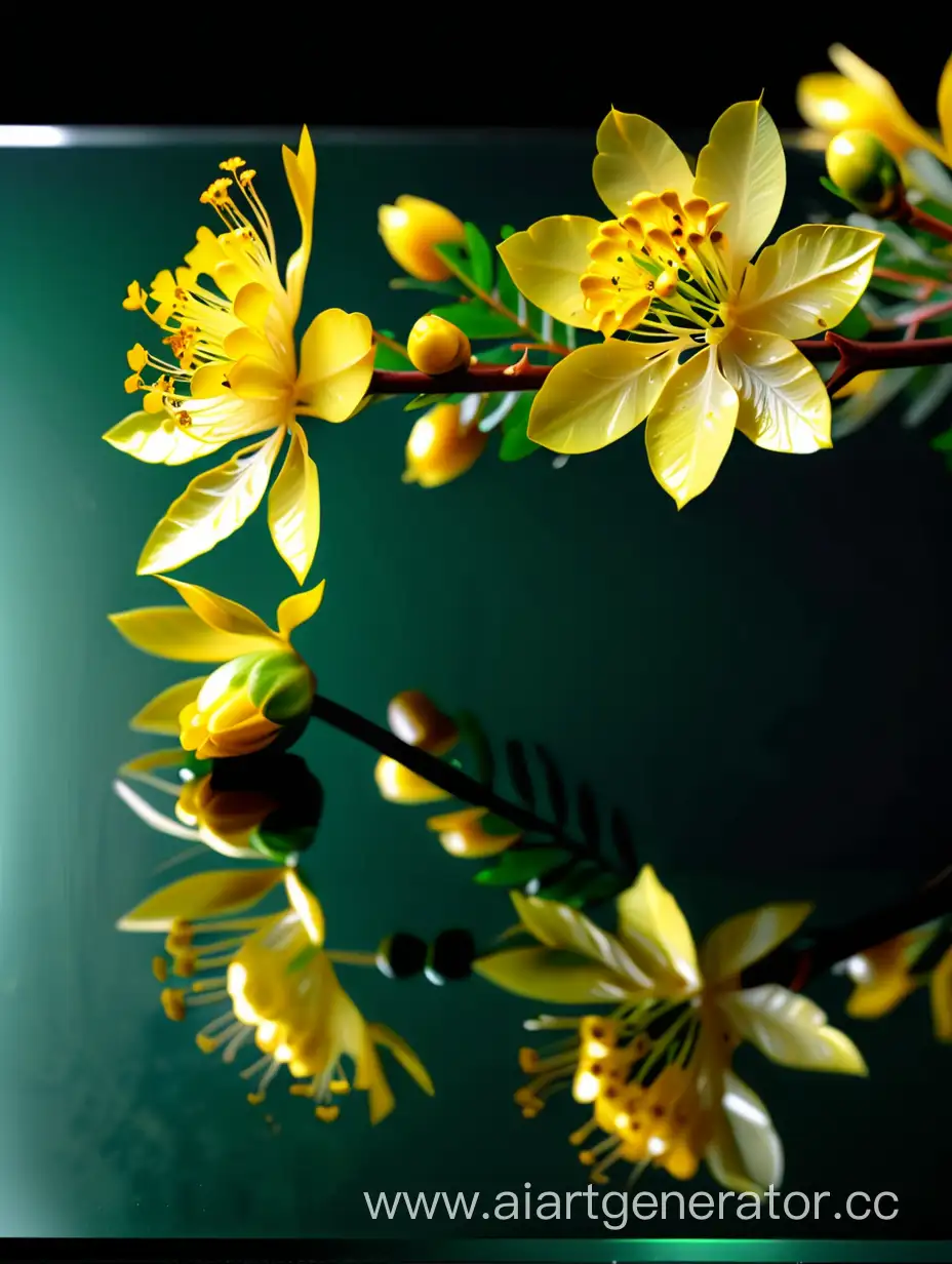 Vibrant-Acacia-Yellow-Flower-8K-CloseUp-on-Dark-Green-Mirror-Glass