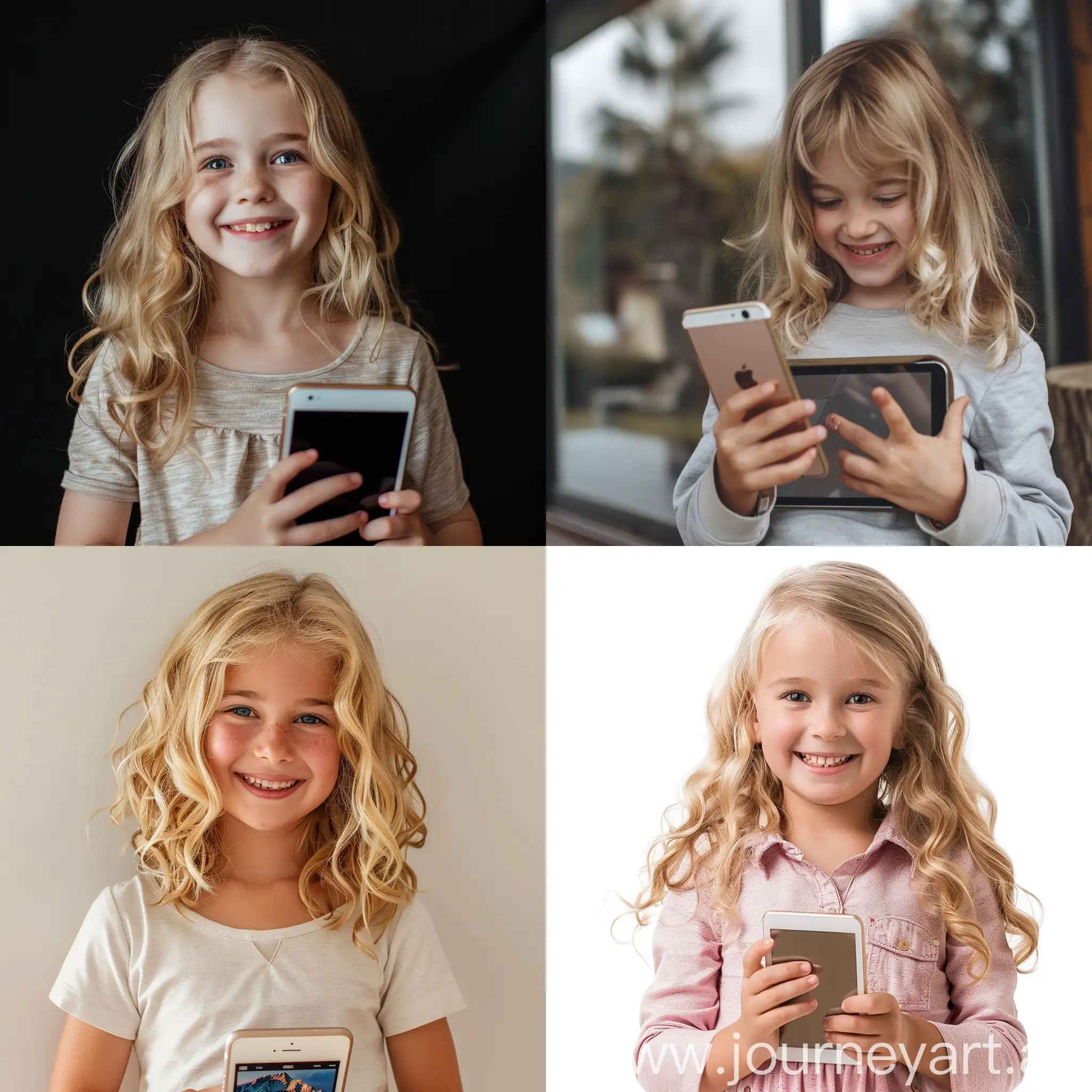 Cheerful-Young-Girl-with-Blonde-Hair-Using-Phone-and-iPad