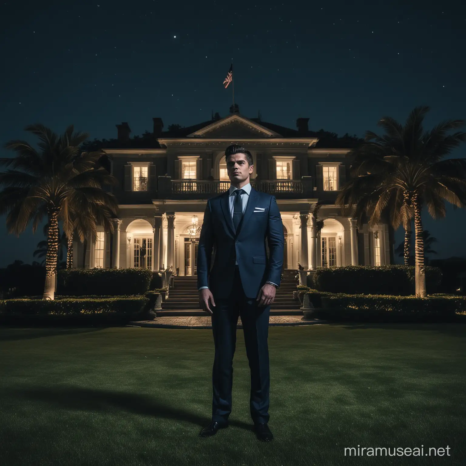 A bulked shredded man dressed in a suit standing confidently and prideful infrontof a mansion located at a small island, this man prides himself with owning the luxury resort,  image is taken at midnight with only moonlight to shine over the scene, there must be blue and silverish objects from the surroundings 