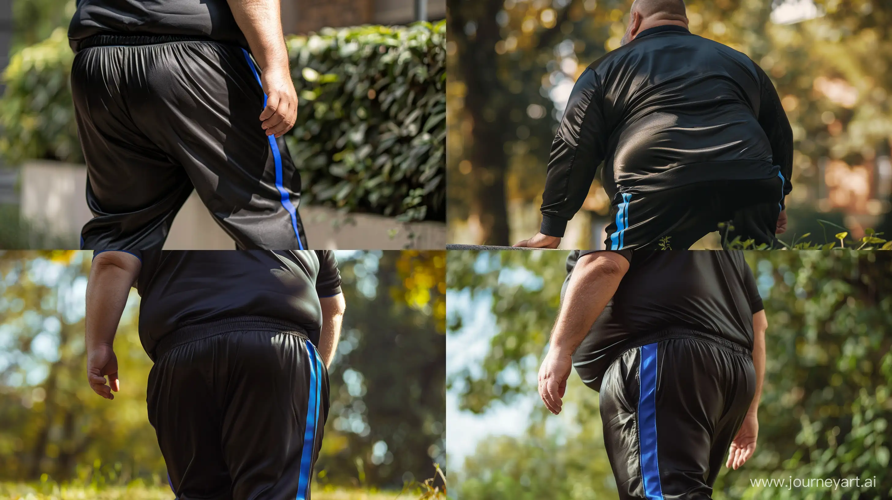 Back view close-up waist level photo of a fat man aged 60 wearing silk black tracksuit pants with royal blue stripe on the leg and a tucked in silk sport polo shirt. Leaning forwards outside. --style raw --ar 16:9