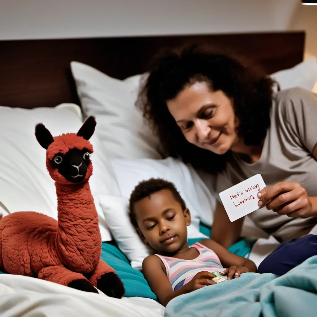 Child is laying in bed almost sleeping.  The child has a small stuffed llama. 
The mother is sitting beside the bed holding a card looking at the child. 