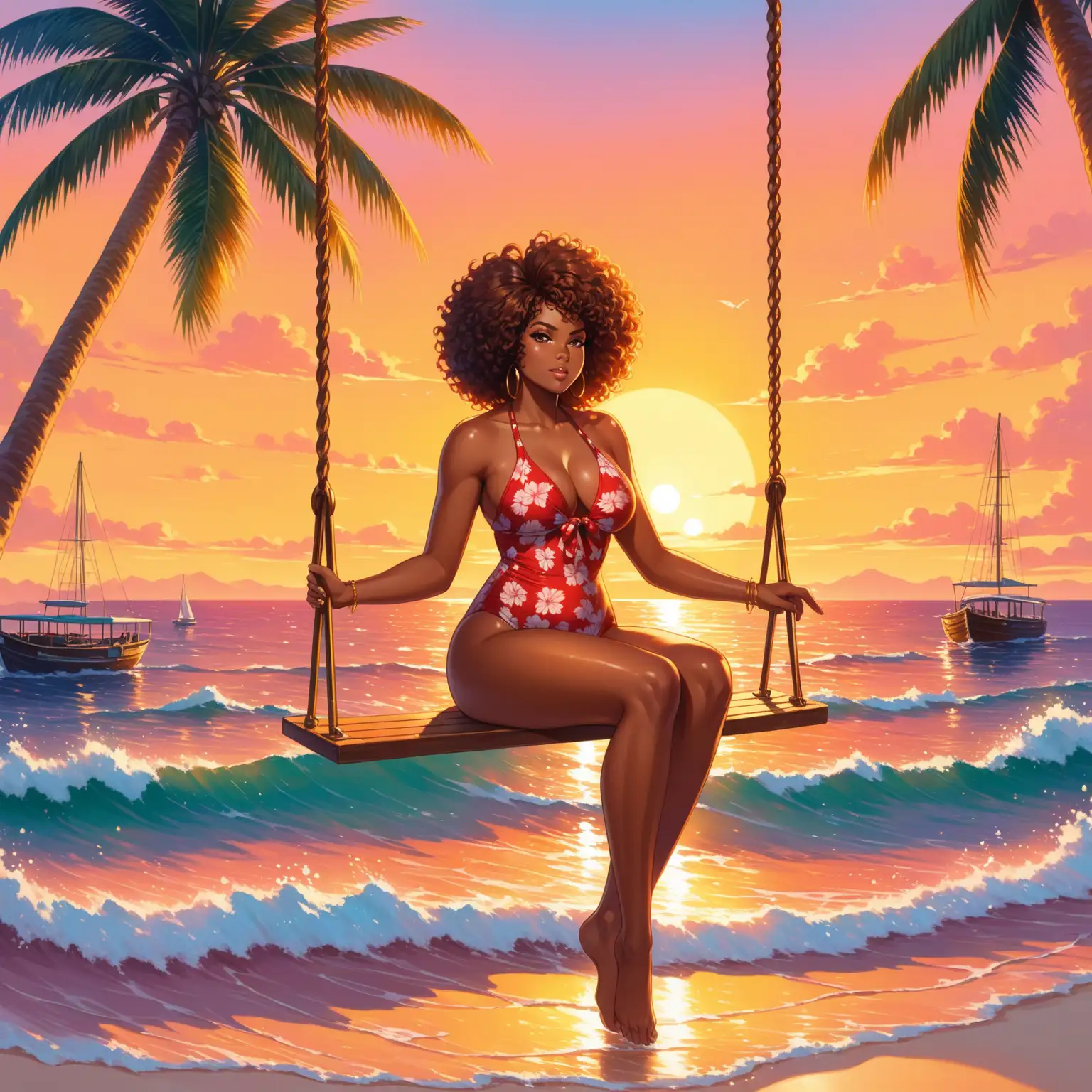 4K glossy oil painting of a regal large full figure caramel skinned African American woman with loose curly afro hairstyle. sitting in a full body view, wearing a red floral pattern swimsuit, sitting on a swing in the ocean with her barefoot touching the water. background beach, palm trees, boats, sunset.