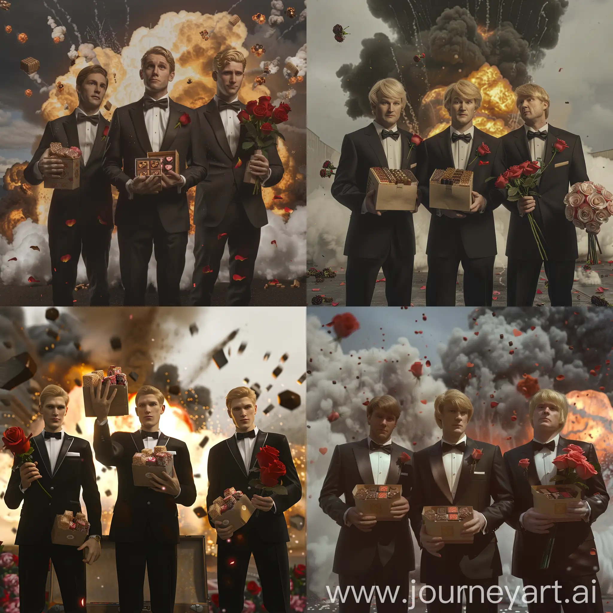 As an explosion rages in the background, three men in tuxedos stand tall and confident. In their hands, they hold roses and boxes of chocolates, a testament to their romantic nature even in the face of danger. The man on the right has a blonde hair, men on the left and in the centre are brunette, adds a touch of charm to the scene. Photorealistic 4k, HDR, high resolution