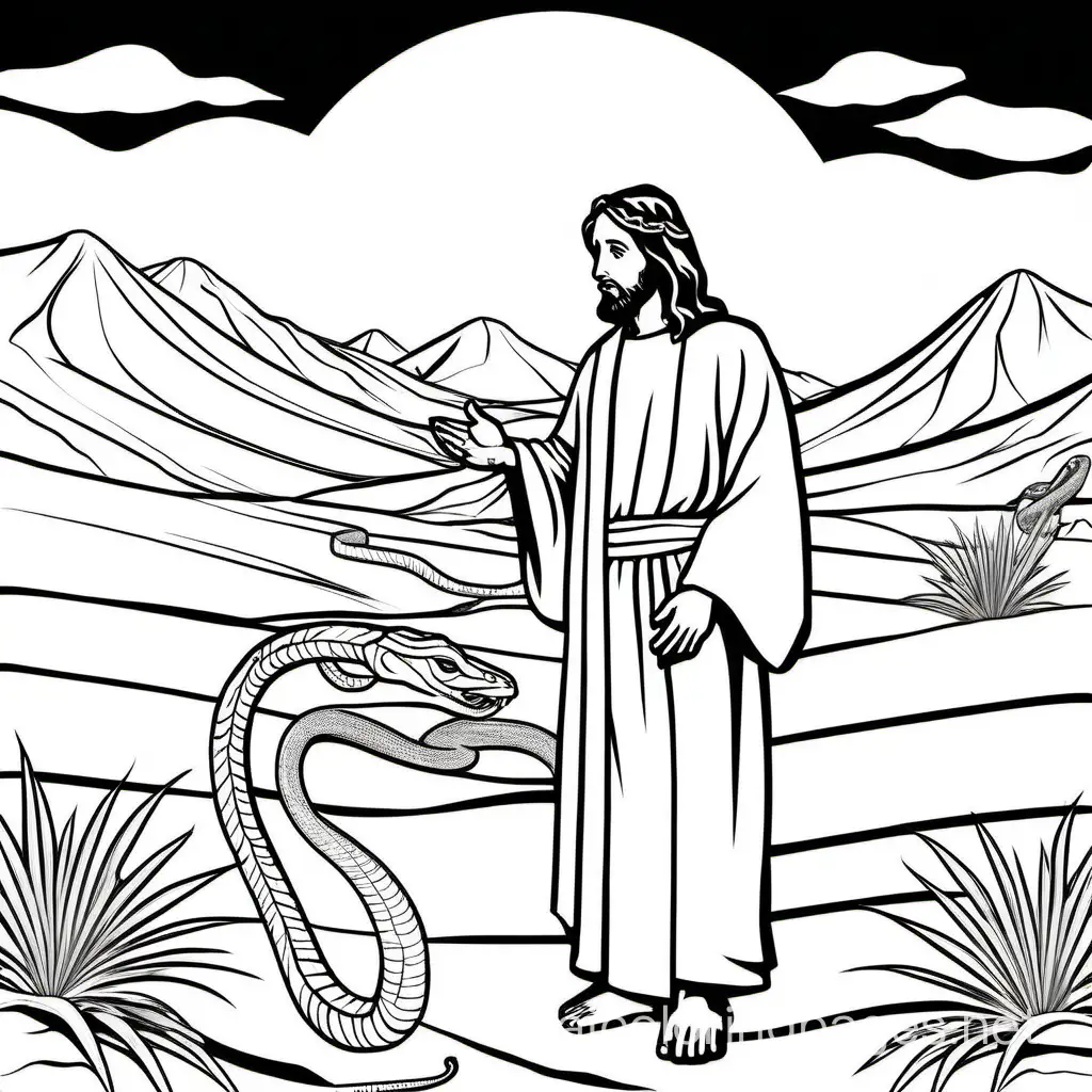 jesus in the desert talking to a serpant


, Coloring Page, black and white, line art, white background, Simplicity, Ample White Space. The background of the coloring page is plain white to make it easy for young children to color within the lines. The outlines of all the subjects are easy to distinguish, making it simple for kids to color without too much difficulty