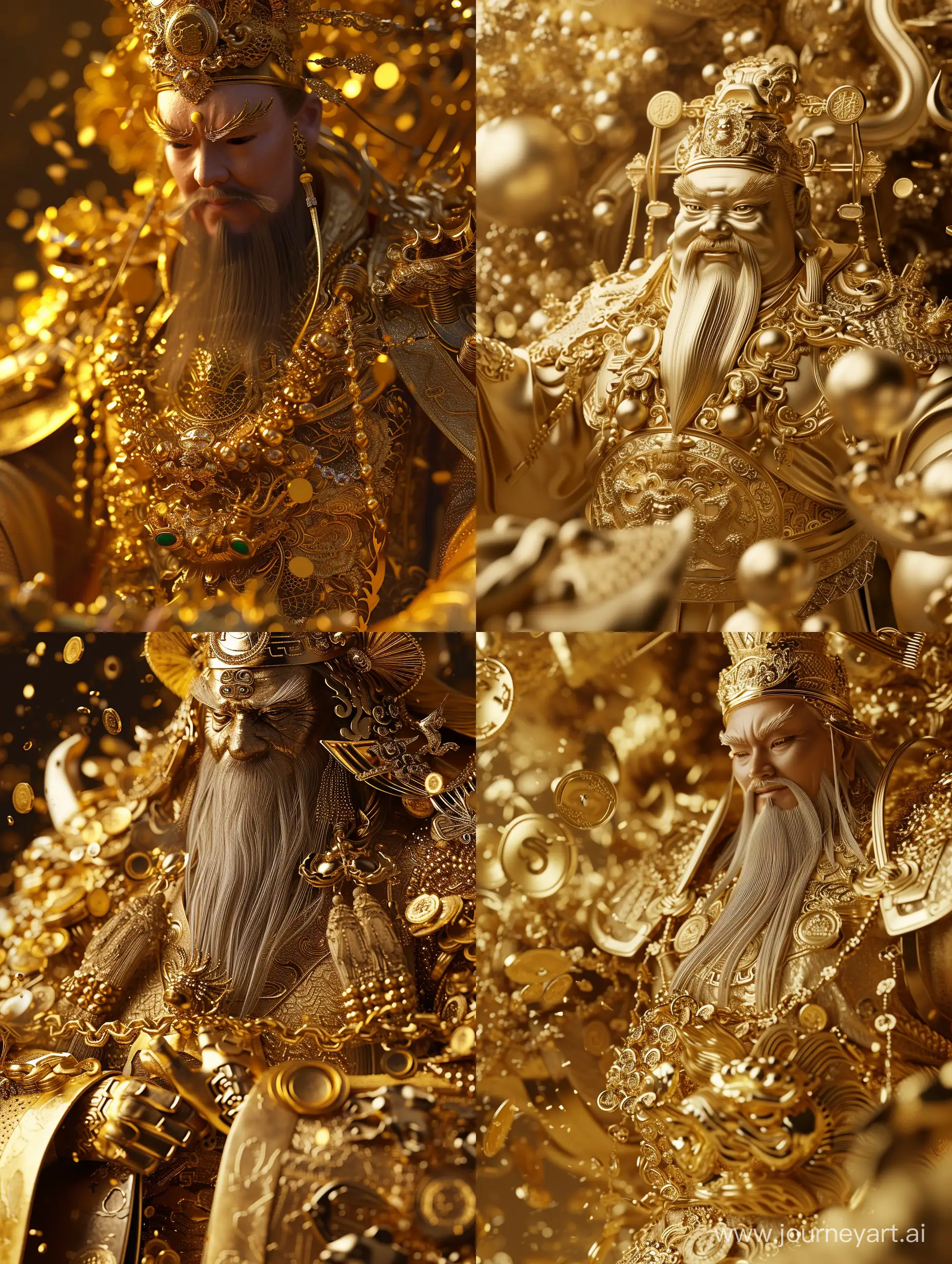 (Chinese God of Wealth 3D Image, (Golden Clothing and Accessories), (Gold Ingot Embraced), (Cascading Gold Coins), (Detailed Textures and Reflections), Nelson Wu, (Gold Tones and Warm Hues), (Exquisite Detailing and Masterful Lighting), Close-Up Shot)