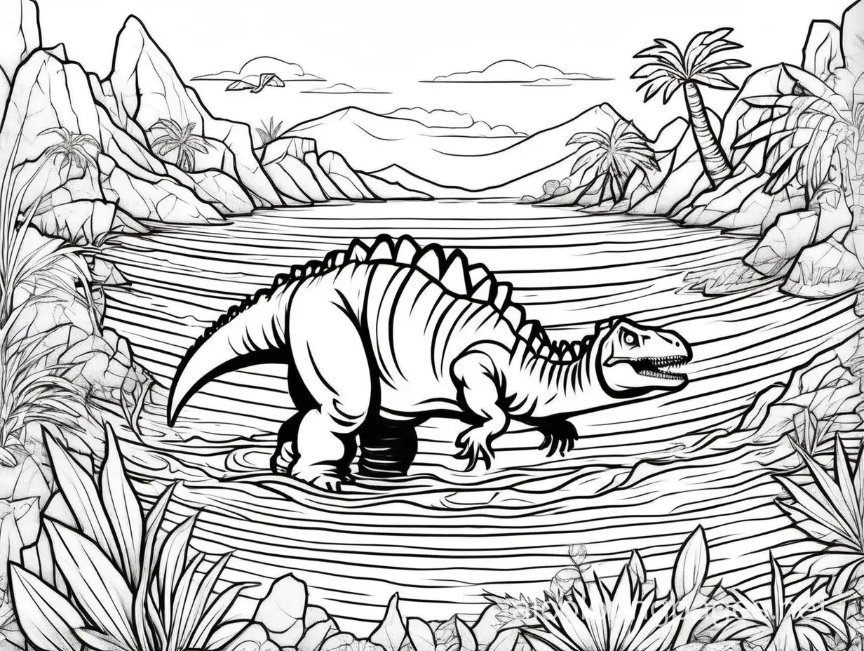 Zdeněk Michael František Burian, dinosaurs swimming, Coloring Page, black and white, line art, white background, Simplicity, Ample White Space. The background of the coloring page is plain white to make it easy for young children to color within the lines. The outlines of all the subjects are easy to distinguish, making it simple for kids to color without too much difficulty