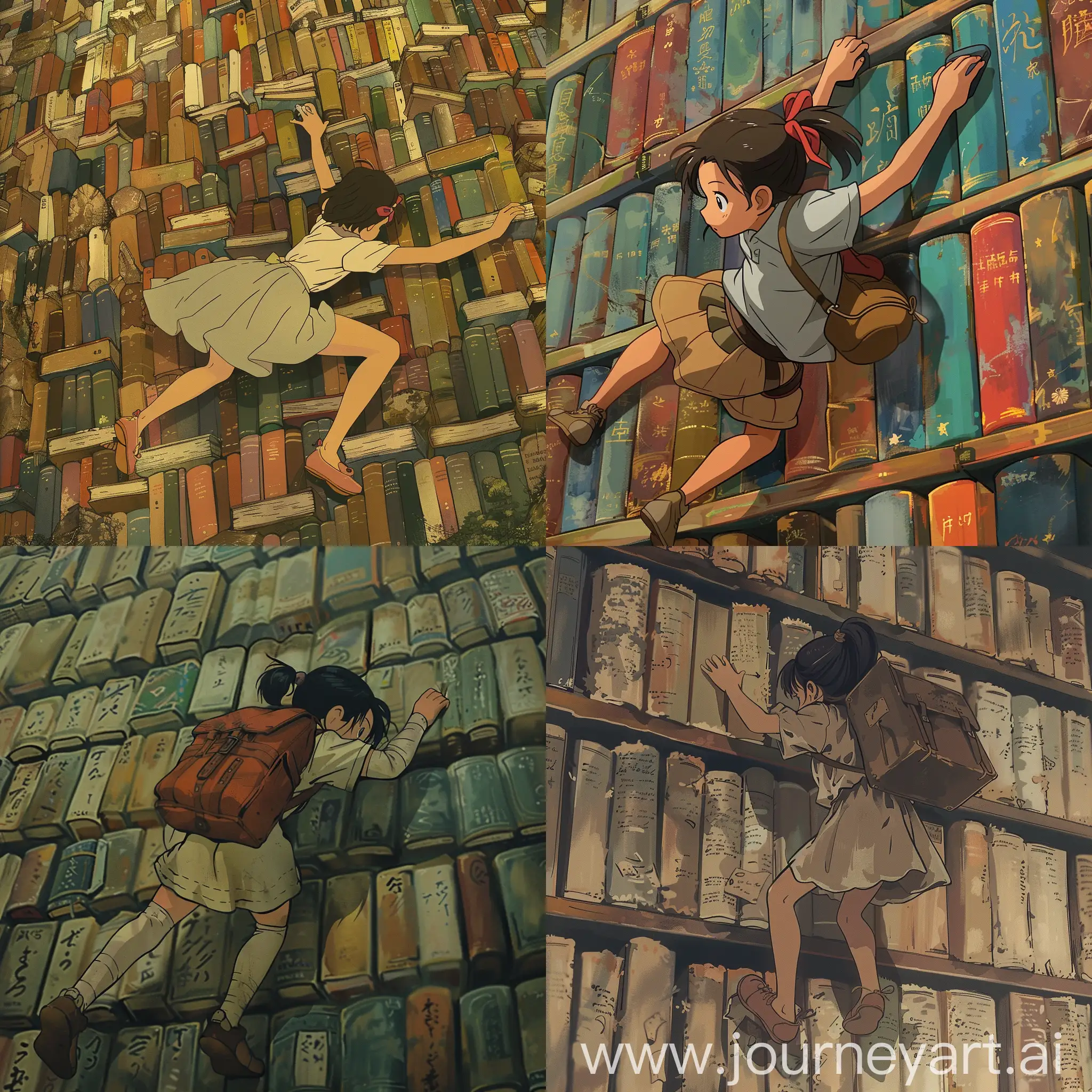 young girl climbing a wall of book in the style of miyazaki