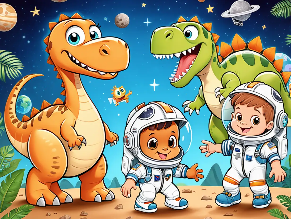 estos dinosaurios con su pequeño amigo niño amigo  el pequeño dani, con cabello quebrado y ojos bellos y alegres  y grandes se ven muy contentos  van a jugar a ser astronautas  es una linda caricatura para niños infantil