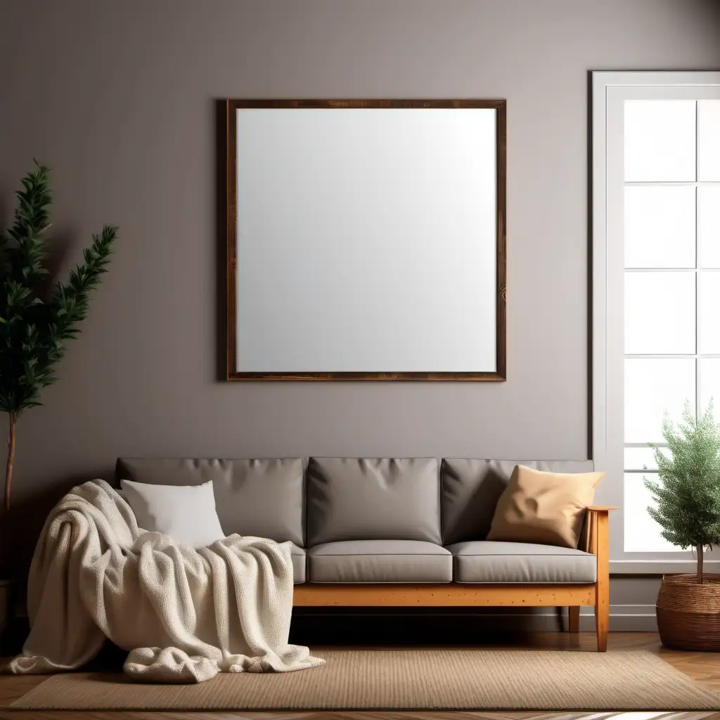 Farmhouse Style Wooden Poster Mockup in Cozy Living Room