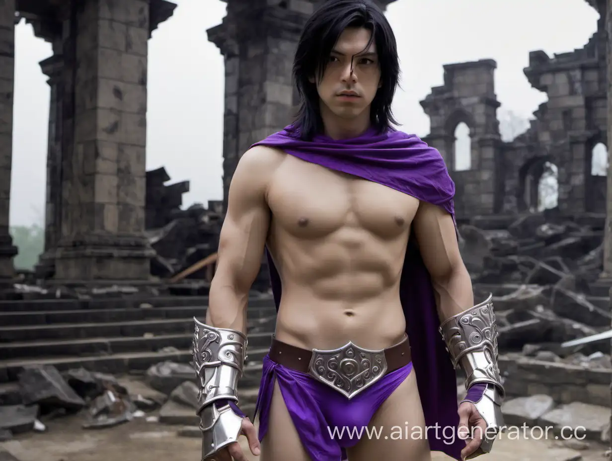 male LiMei, black hair, brown eyes, purple bikini, underwear, shoulder armor, bandana, gauntlets, looking at viewer, serious, standing, outside, ruins, temple, overcast, high quality, masterpiece