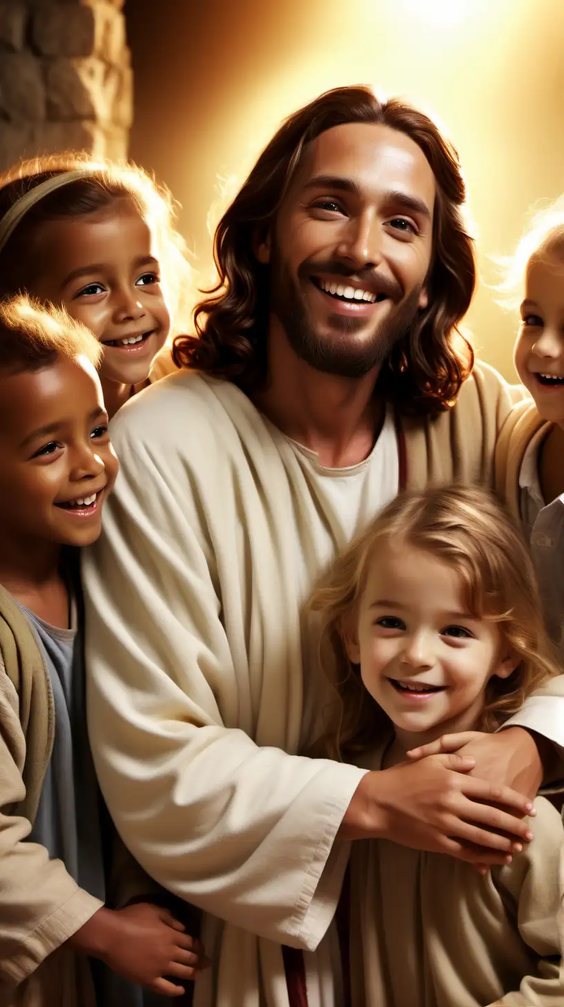 warm image of Jesus smiling with kids. HD,8K, Hyper-realistic