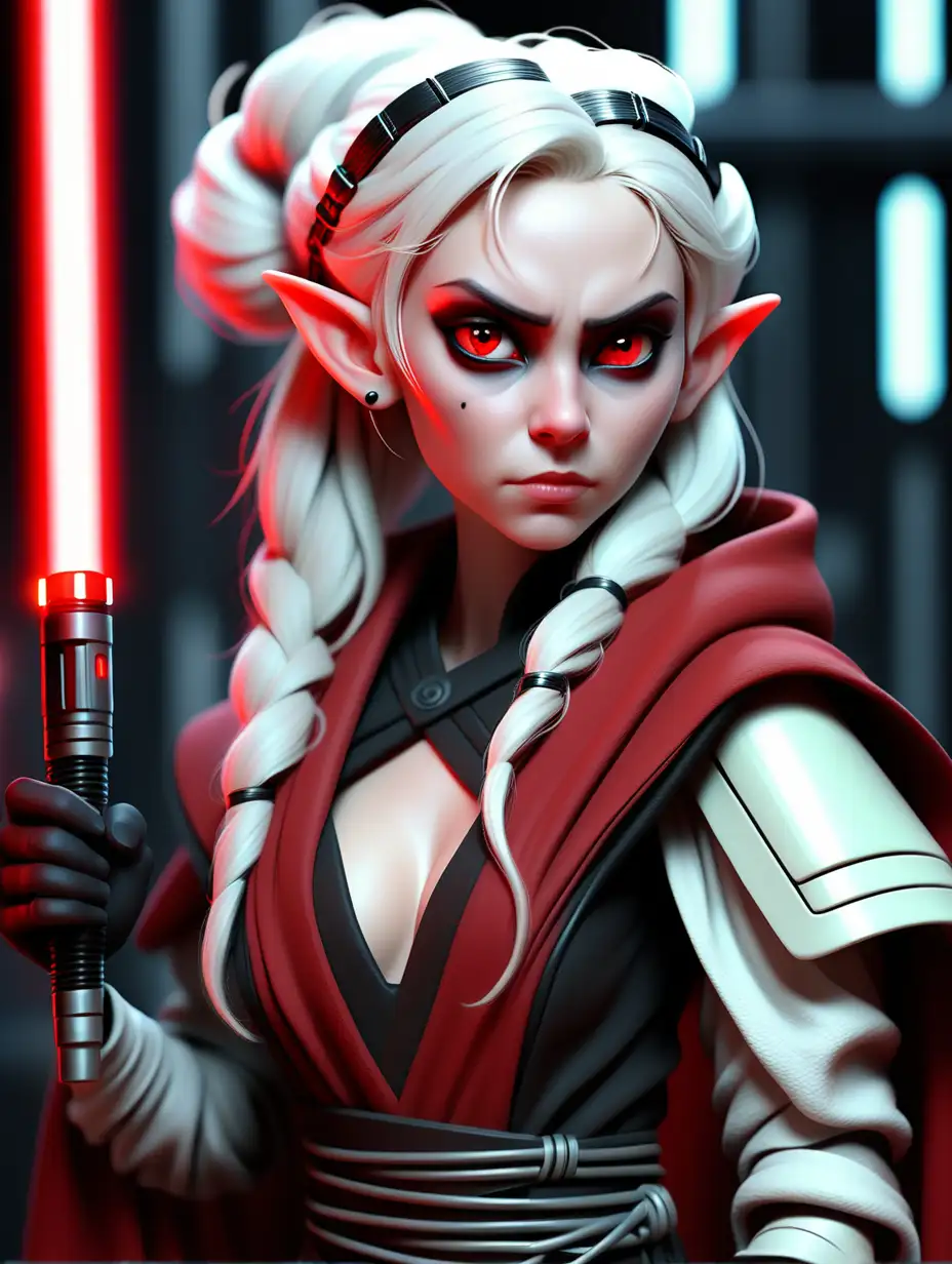 Beautiful Nordic woman, very attractive face, detailed eyes, elf ears, slim body, dark eye shadow, long messy white hair in an updo, wearing a black and red samurai sci-fi cyber suit, long red cape, holding lightsaber, bokeh background, soft light on face, rim lighting, facing away from camera, looking back over her shoulder, chained up as a prisoner in an alien thrown room, photorealistic, very high detail, extra wide photo, full body photo, aerial photo