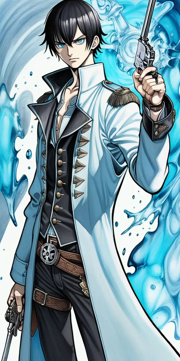 A young male who has black straight short hair, ice-blue eyes, he wears set of fine clothes, there is a revolver in one of his hand and there is a rapier in one of his other hand, he has white skin, he is tall and of medium weight, one piece drawing style.