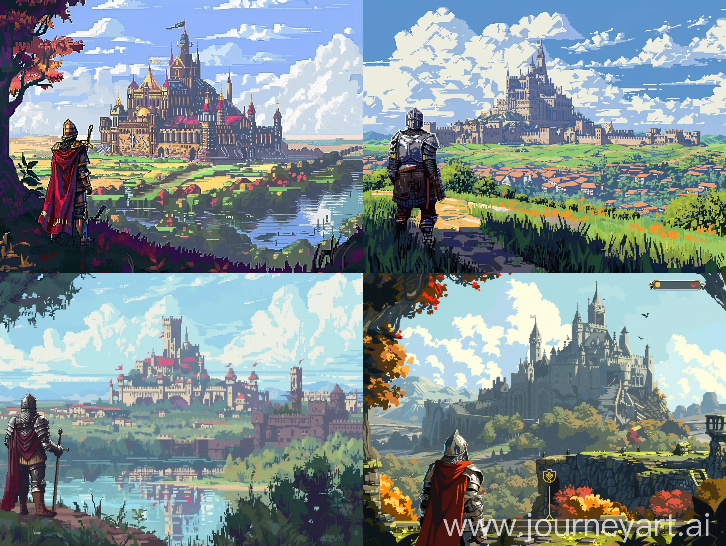 Пиксельная игра на телефон, кат-сцена с далёким огромным замком и смотрящим на него рыцарем