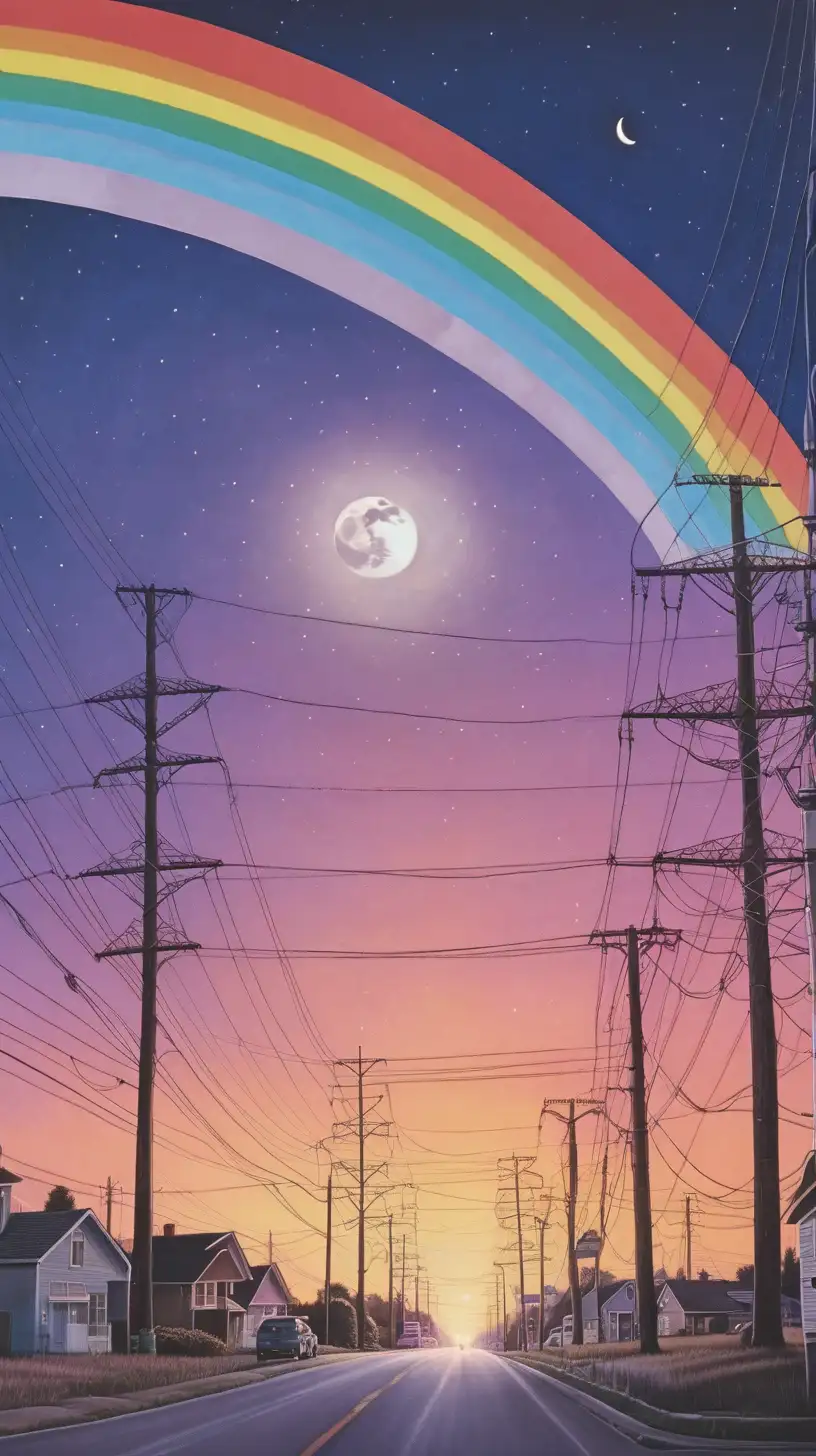 dusk, road, powerlines made of rainbows, moon, party, crowd,