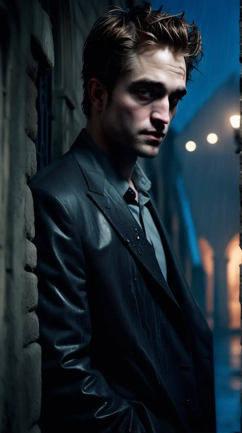 Robert Pattinson, beautiful, cinematic portrait, leaning against a wall, rain blurring the gothic architecture background, night time, smoldering sexuality