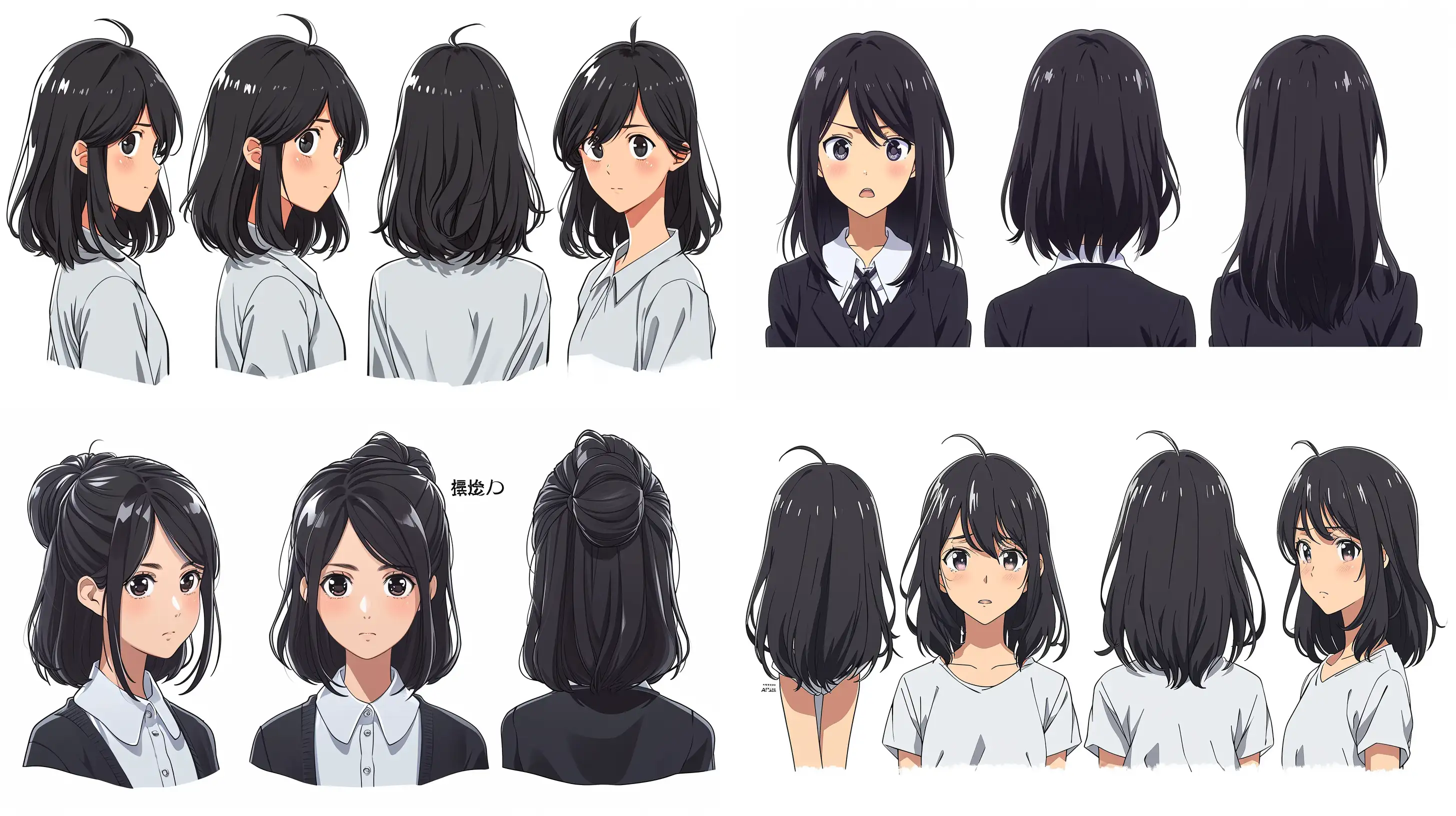character sheet, anime style, a highshool girl with beautiful face, intelligent look and fashionable, black hair, shoulder-length hair, back view, side view, front view --ar 16:9 --q 2 --v 6