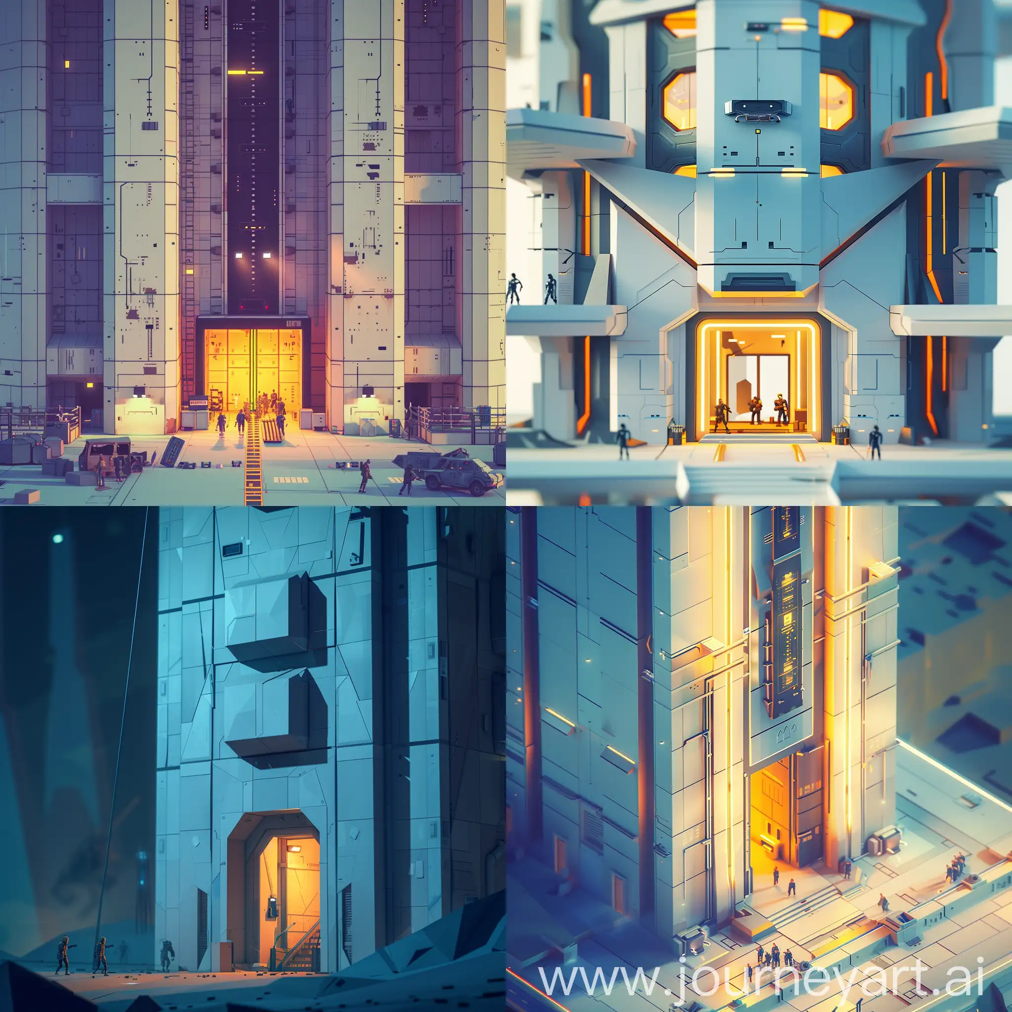 low-poly stylized sci-fi skyscraper modular building, abandoned, apocalypse, big door, zoomed in, people inside