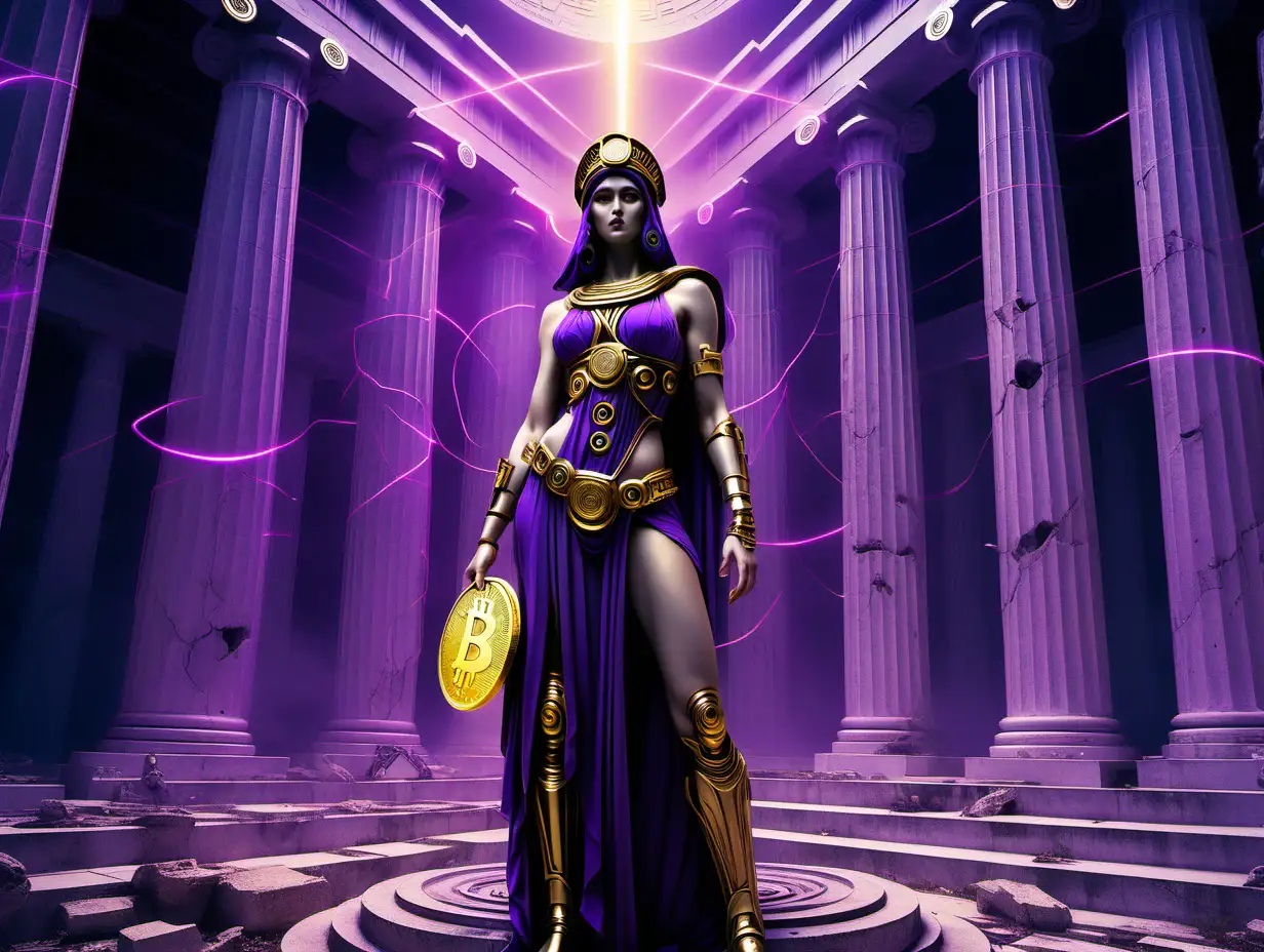 Athena Goddess of Wisdom Stands Tall in Cyberpunk Olympia Temple Amidst Bitcoin Revolution