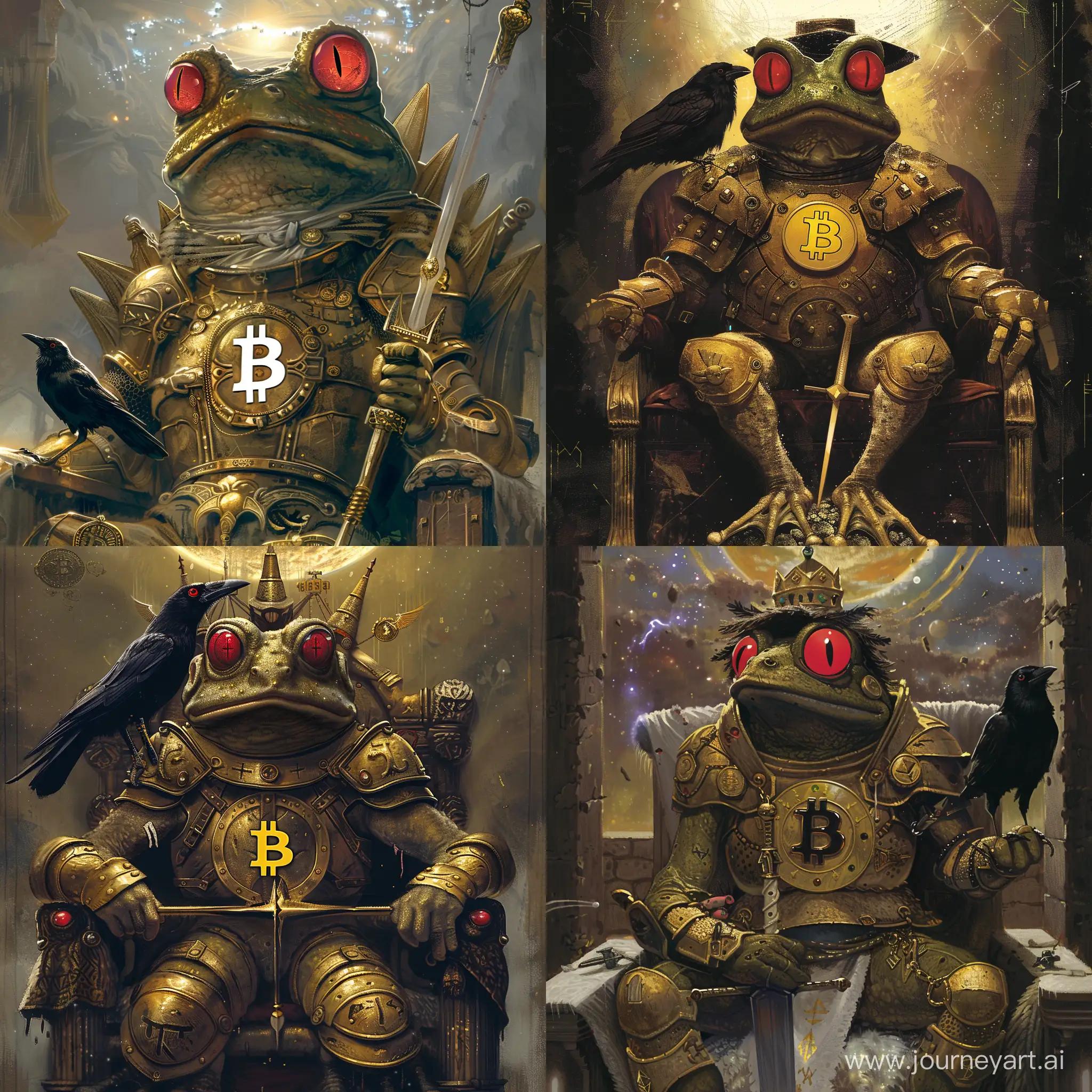 A king of Pepe (the frog) with an red eyes and wear an Golden armor and bitcoin logo on chest, he wear crow instead hat. Sit on throne and view down to the universe. In his hand he holds one sword stuck in the ground