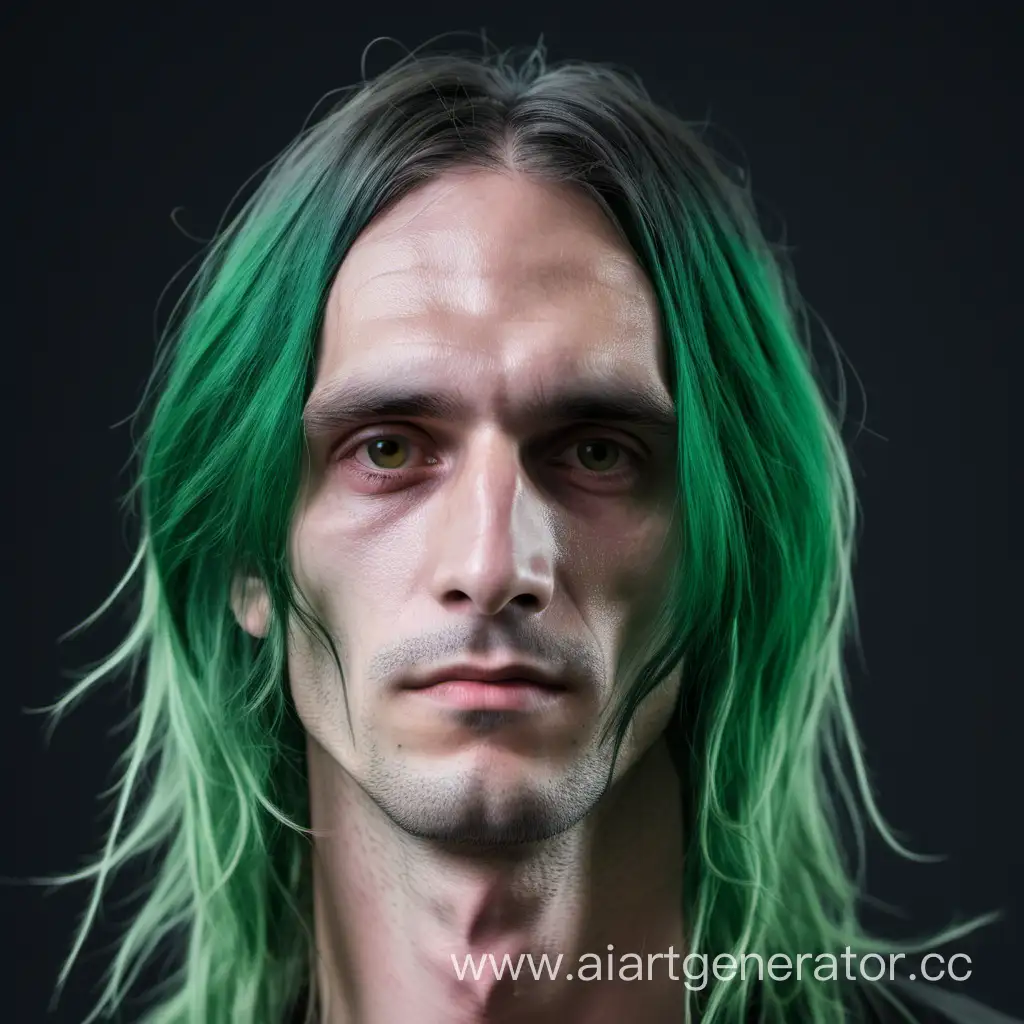 Мужчина  30 лет худое костистое лицо, длинные редкие зеленые волосы
