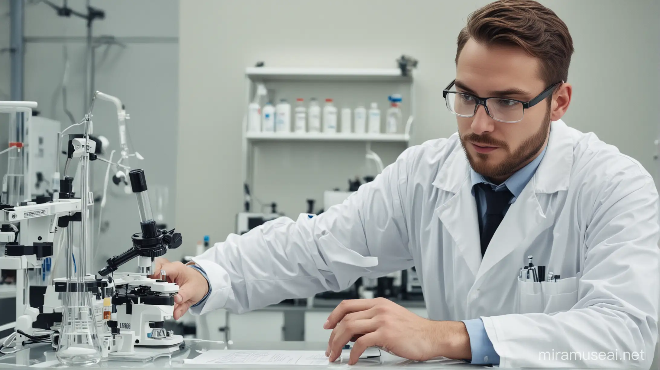 A white technician is working in a scientific lab