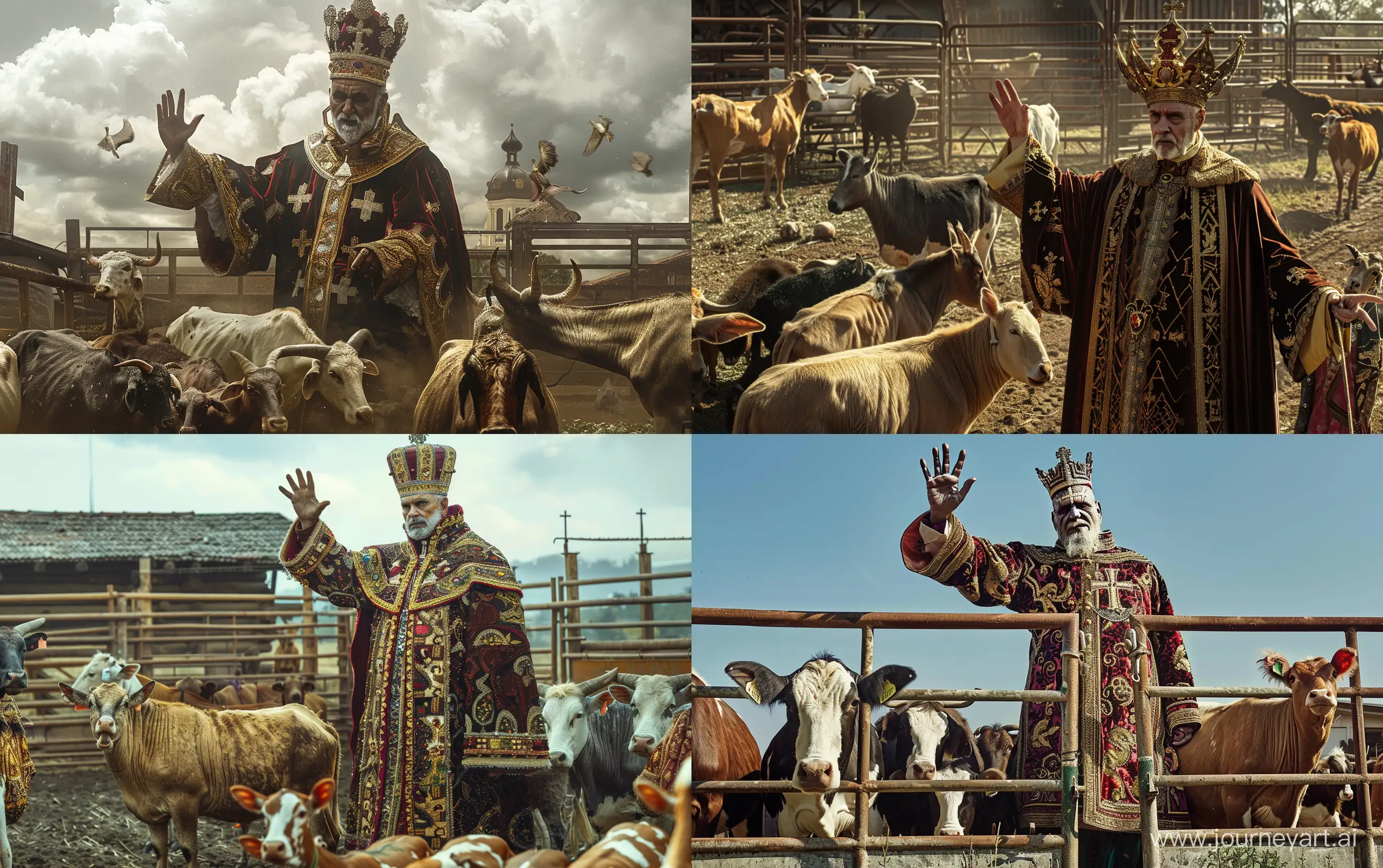 Big fugure of the great inquisitor in expensive Jesuit ritual clothes stands above corral with different herbivorous animals in it with hand up, --ar 16:10