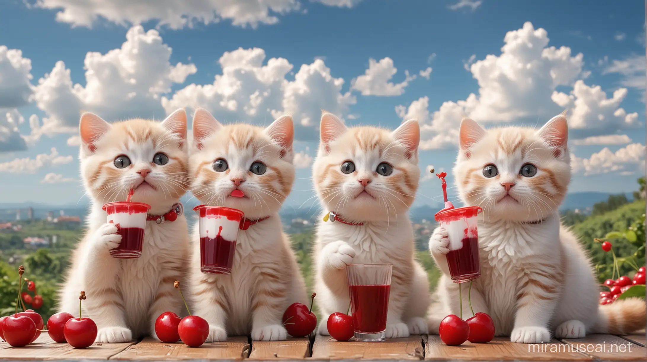 Little cats, They are very happy, drinking cherry juice, TOYS, SKY, CLOUDS, Phones, the scenery is very beautiful.