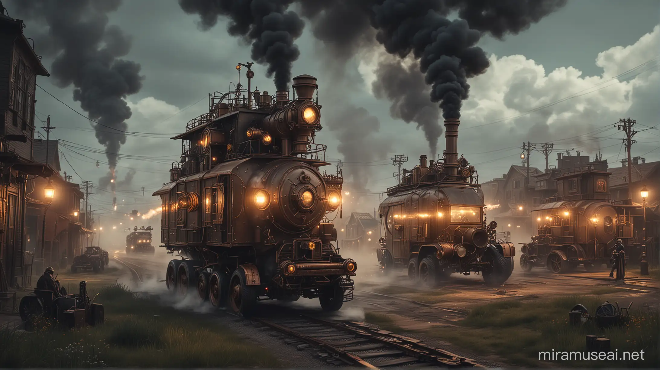 steampunk suburb on a prairie, steampunk trucks and flying vehicles, steam, smoke, completely dark, all lights are on, copper, gold, brass, steel, glass