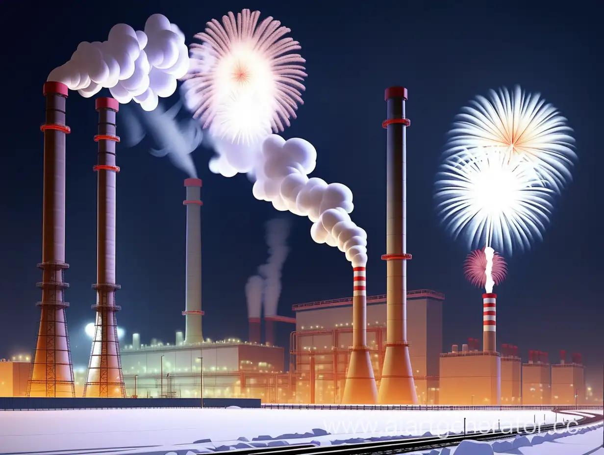 Snowy-Night-at-the-Thermal-Power-Station-with-Fireworks