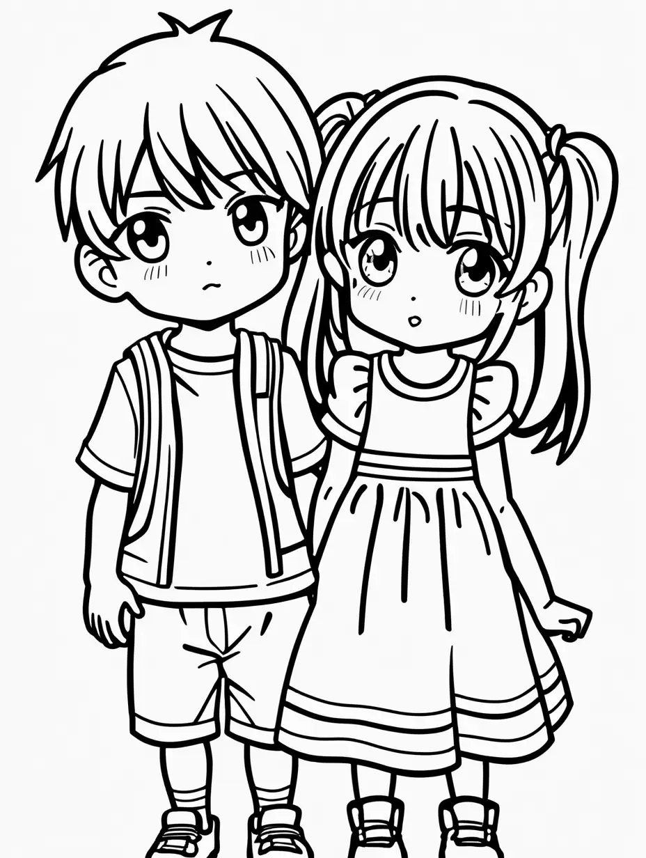 Coloring page for kids, one cute manga girl child and one cute manga boy child, the girl wears a dress, black lines and white background 