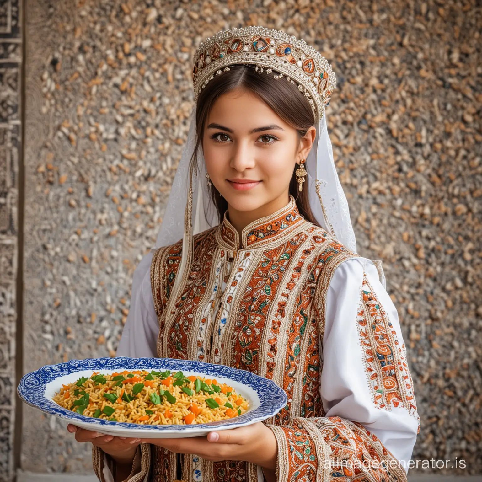 photo of a girl in the national dress of Uzbekistan with a plate of pilaf in her hands