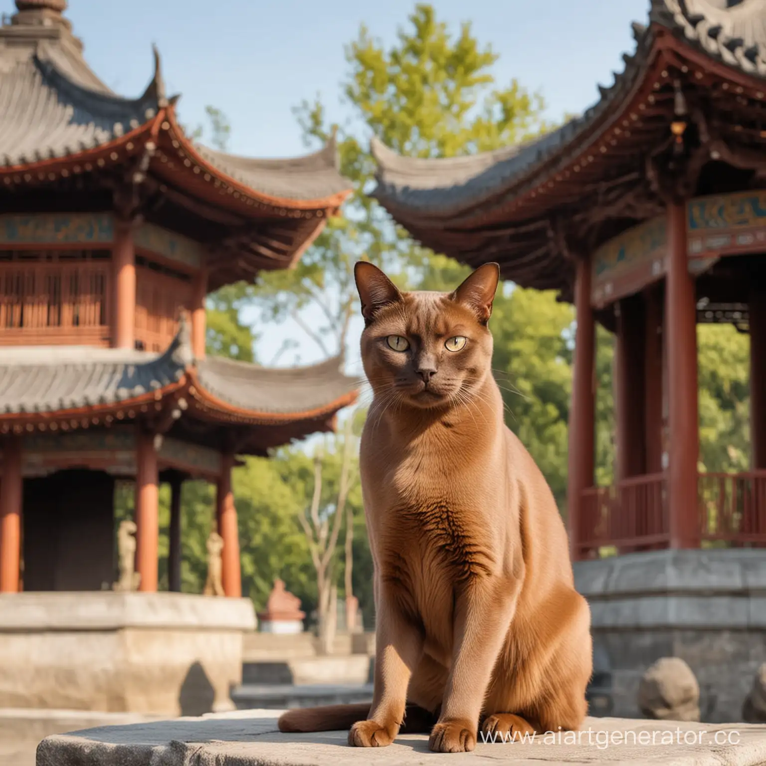 очень красивая кошка породы бурма коричневого окраса на фоне китайской пагоды
