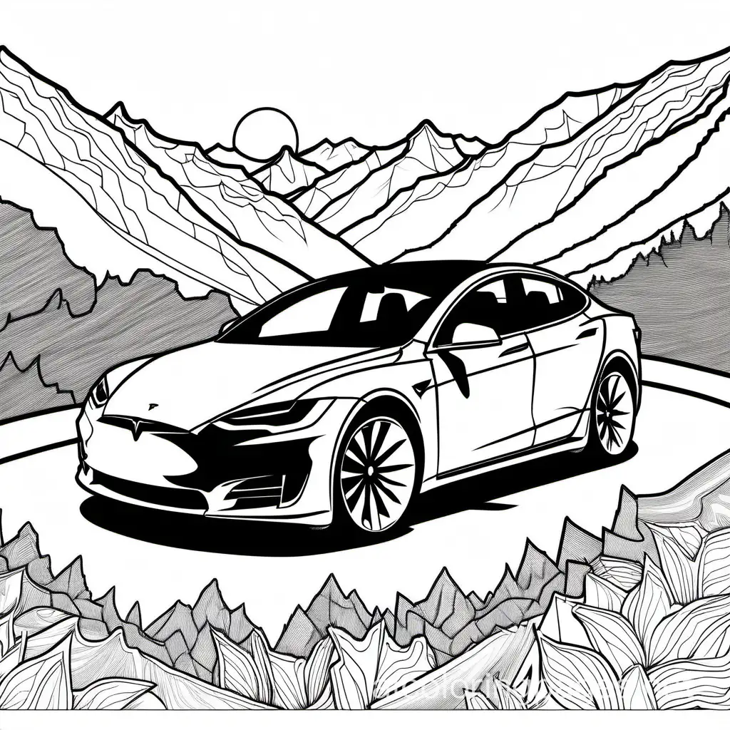 TESLA car in the mountains, Coloring Page, black and white, line art, white background, Simplicity, Ample White Space. The background of the coloring page is plain white to make it easy for young children to color within the lines. The outlines of all the subjects are easy to distinguish, making it simple for kids to color without too much difficulty