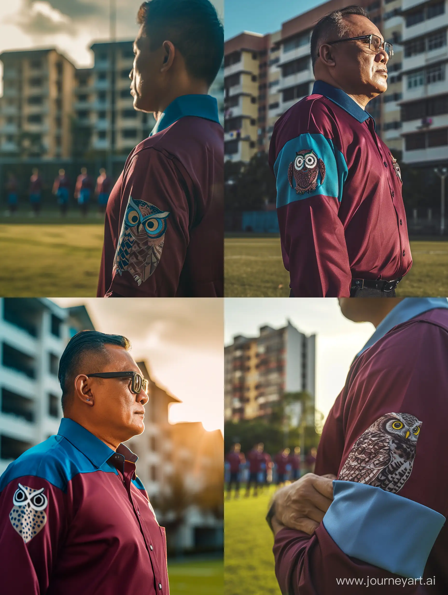 Ultra realistic, a Malay coach, the football team wears maroon and blue collared shirts. on the sleeve of the shirt with an owl pattern. in the background there are several apartments. there is sunshine. evening atmosphere. canon eos-id x mark iii dslr --v 6.0