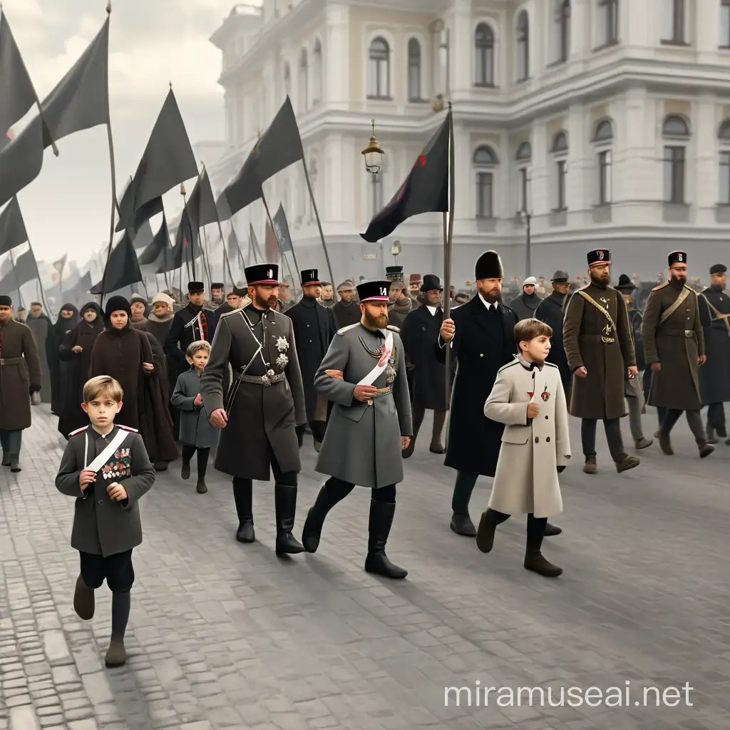 A crowd of adults and children walking barefoot, dressed poorly in the style of the early 20th century, marching with Black Hundreds flags, icons and a portrait of Tsar Nicholas II.  In realism style, 3D animation.
