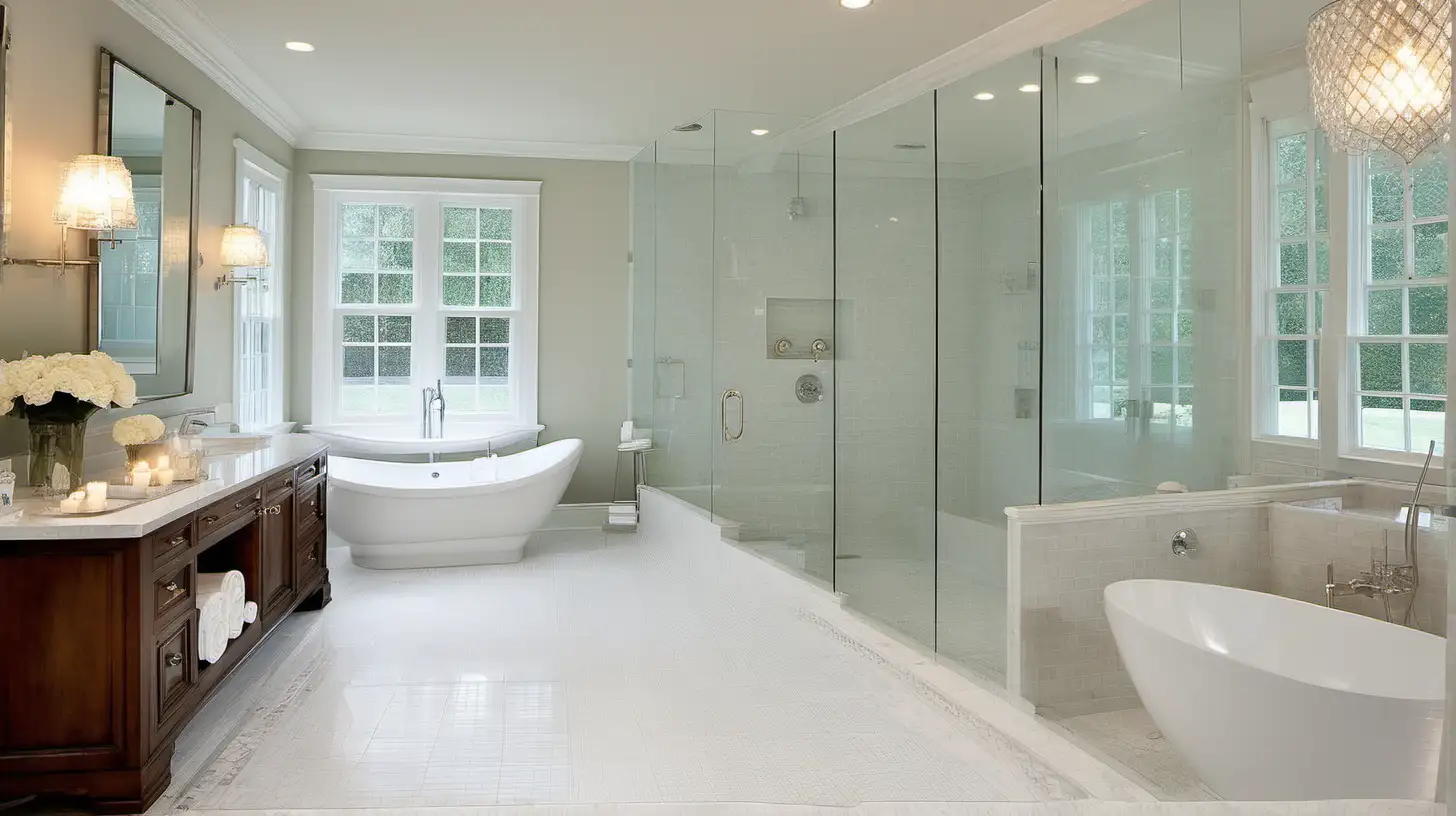Luxurious Spa Bathroom with Glass Shower and Freestanding Tub