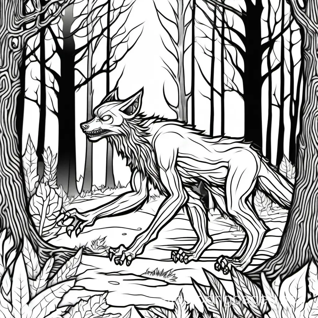 skinwalker in the forest
, Coloring Page, black and white, line art, white background, Simplicity, Ample White Space. The background of the coloring page is plain white to make it easy for young children to color within the lines. The outlines of all the subjects are easy to distinguish, making it simple for kids to color without too much difficulty