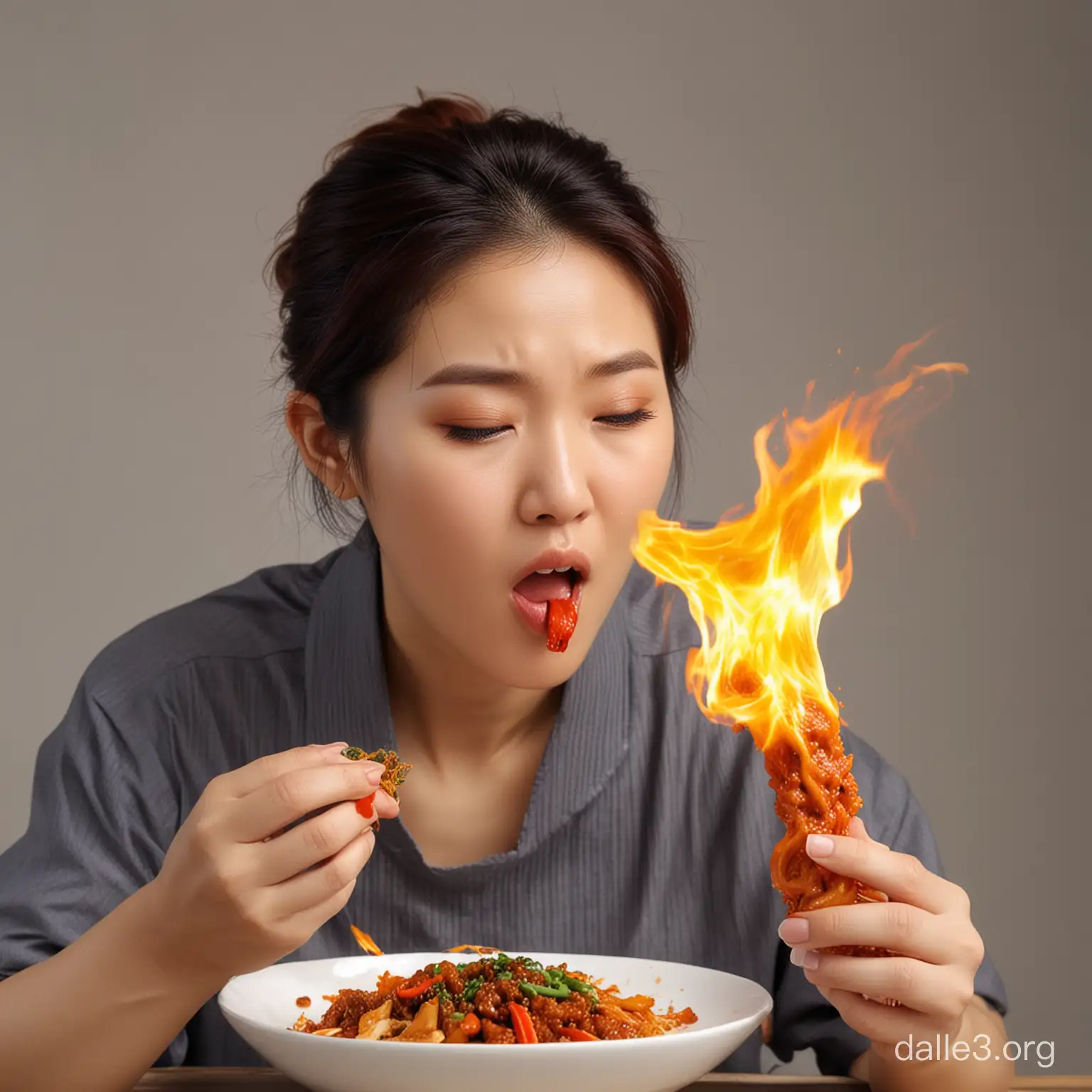 korean woman breath fire because of eating spicy food