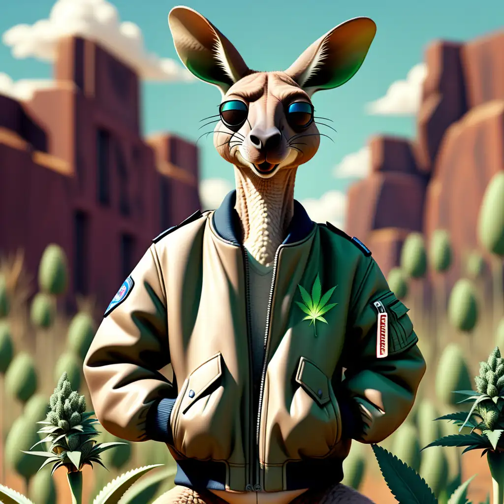 Kangaroo high on weed wearing a bomber jacket.