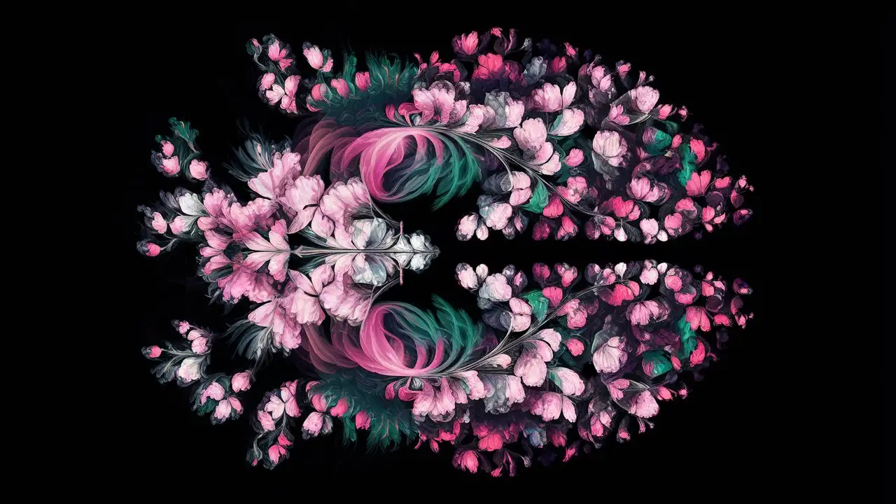 Colorful Cherry Blossom Fractal Art on Black Background