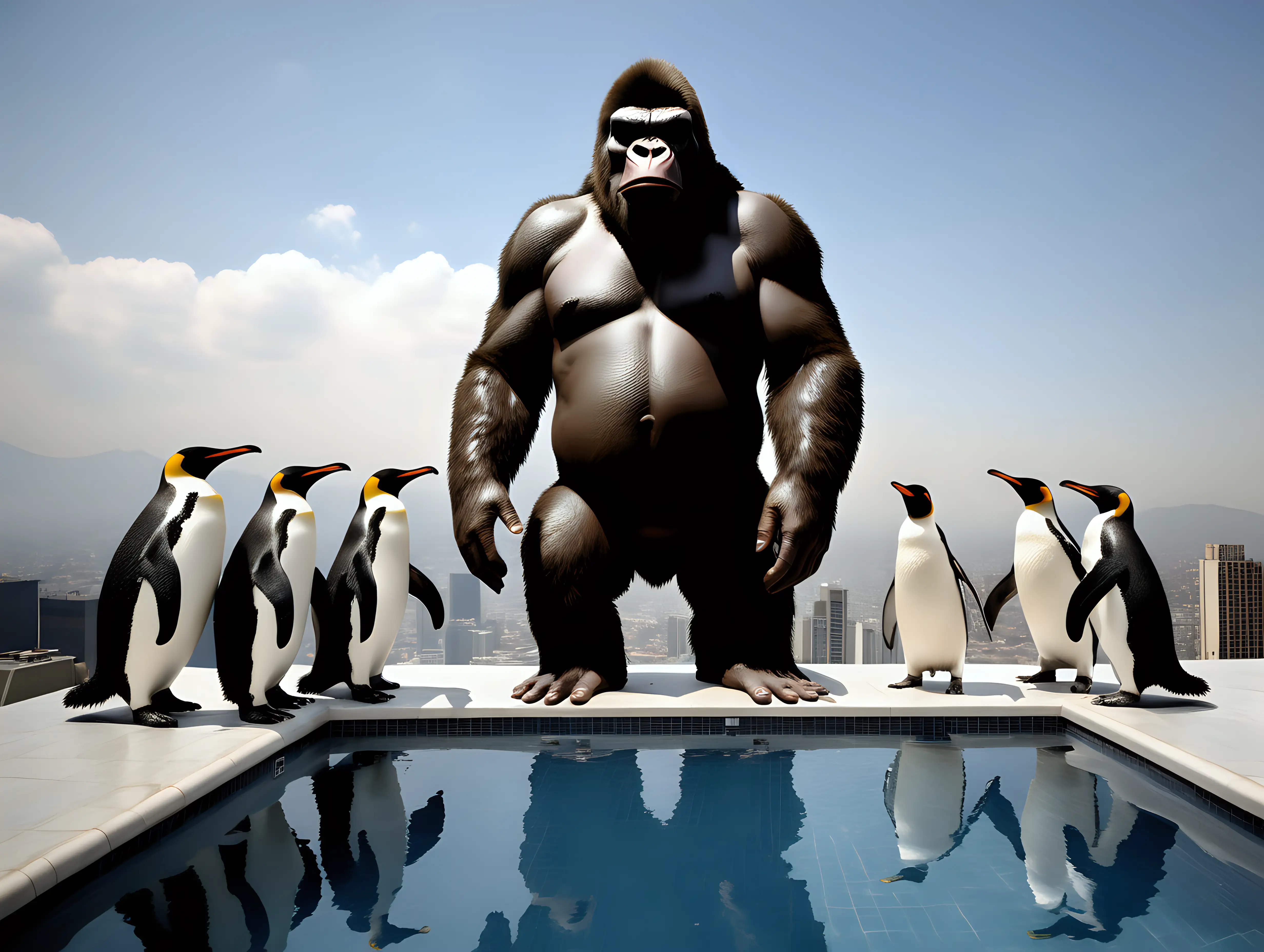King Kong surrounded by penguins in a swimming pool on top of a hotel in Mexico City