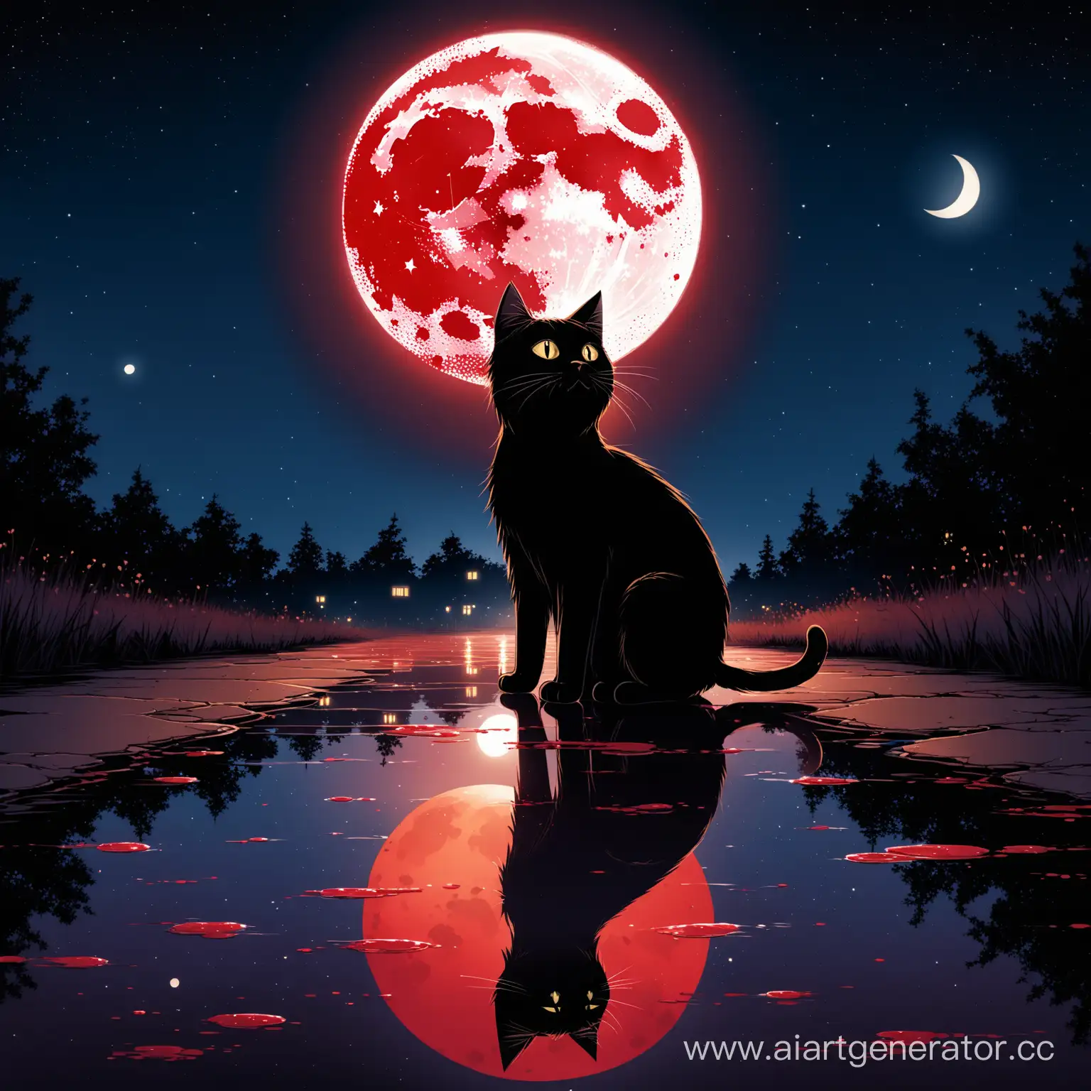 Mystical-Cat-Silhouetted-Against-Blood-Moon-Reflection-in-Night-Puddle